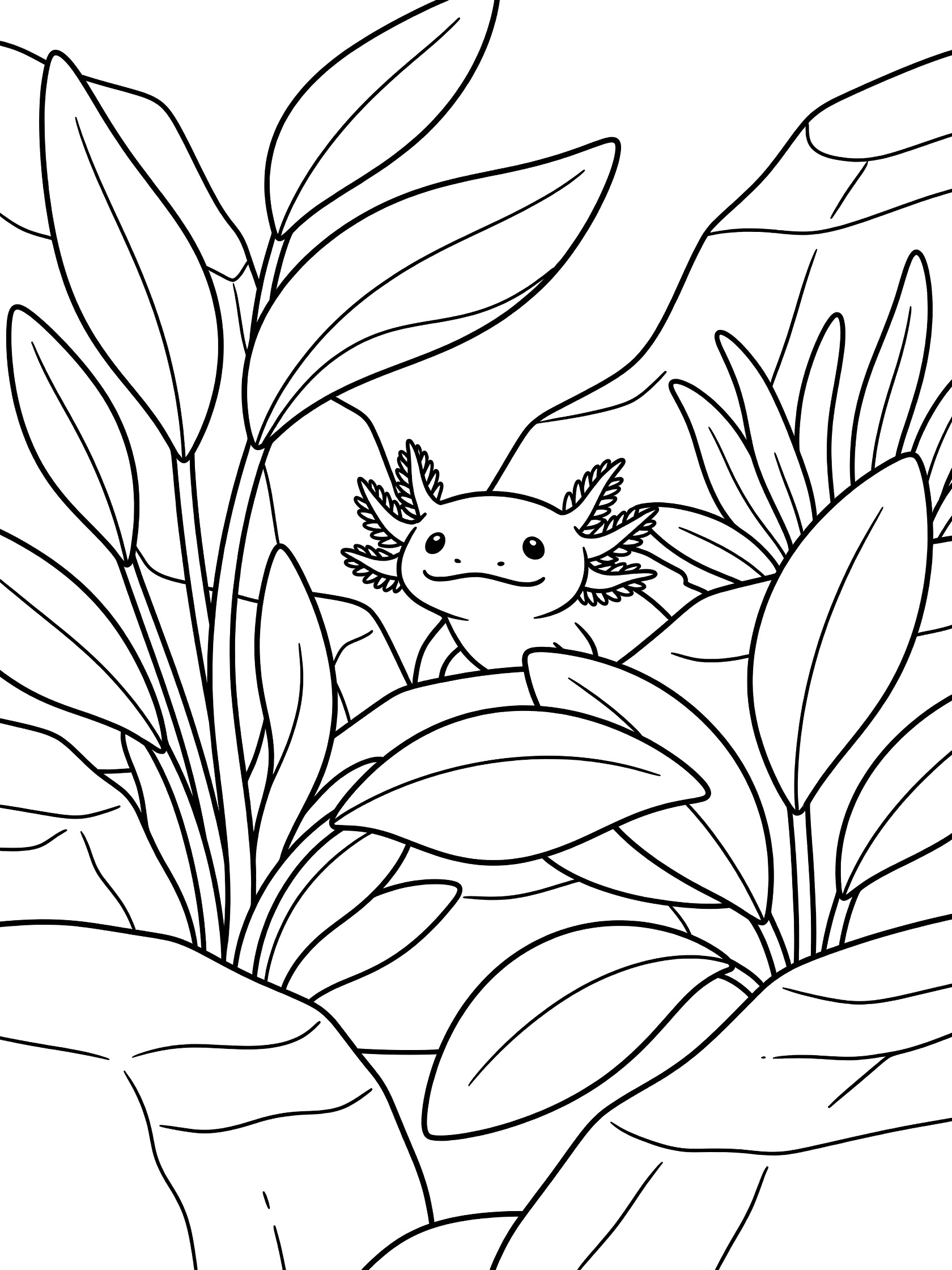 Black and white line art coloring page showing a cute axolotl with gills peeking out from behind big leaves and rocks.