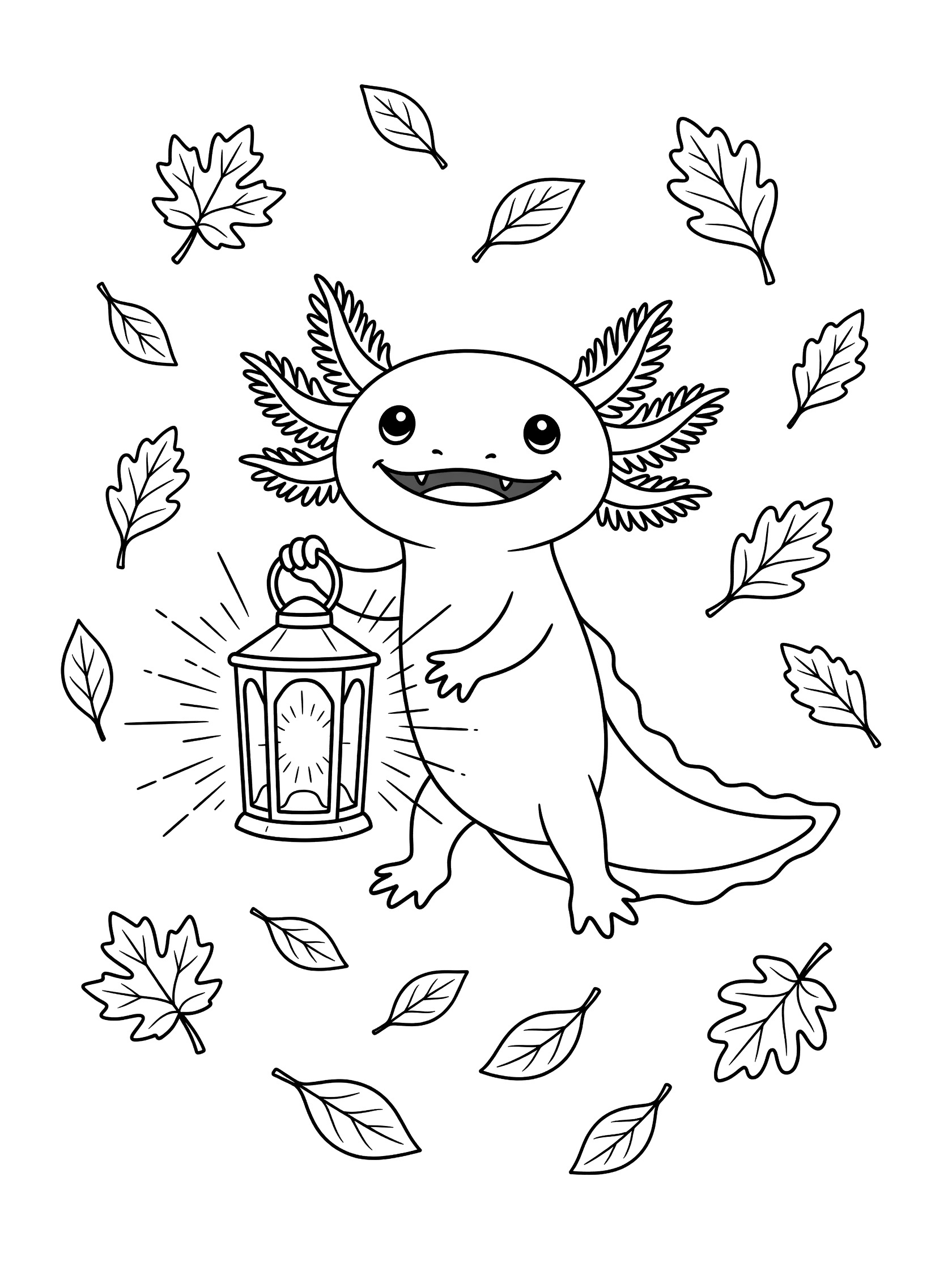 Black and white line art coloring page showing a smiling axolotl holding a lantern with rays and surrounded by floating leaves