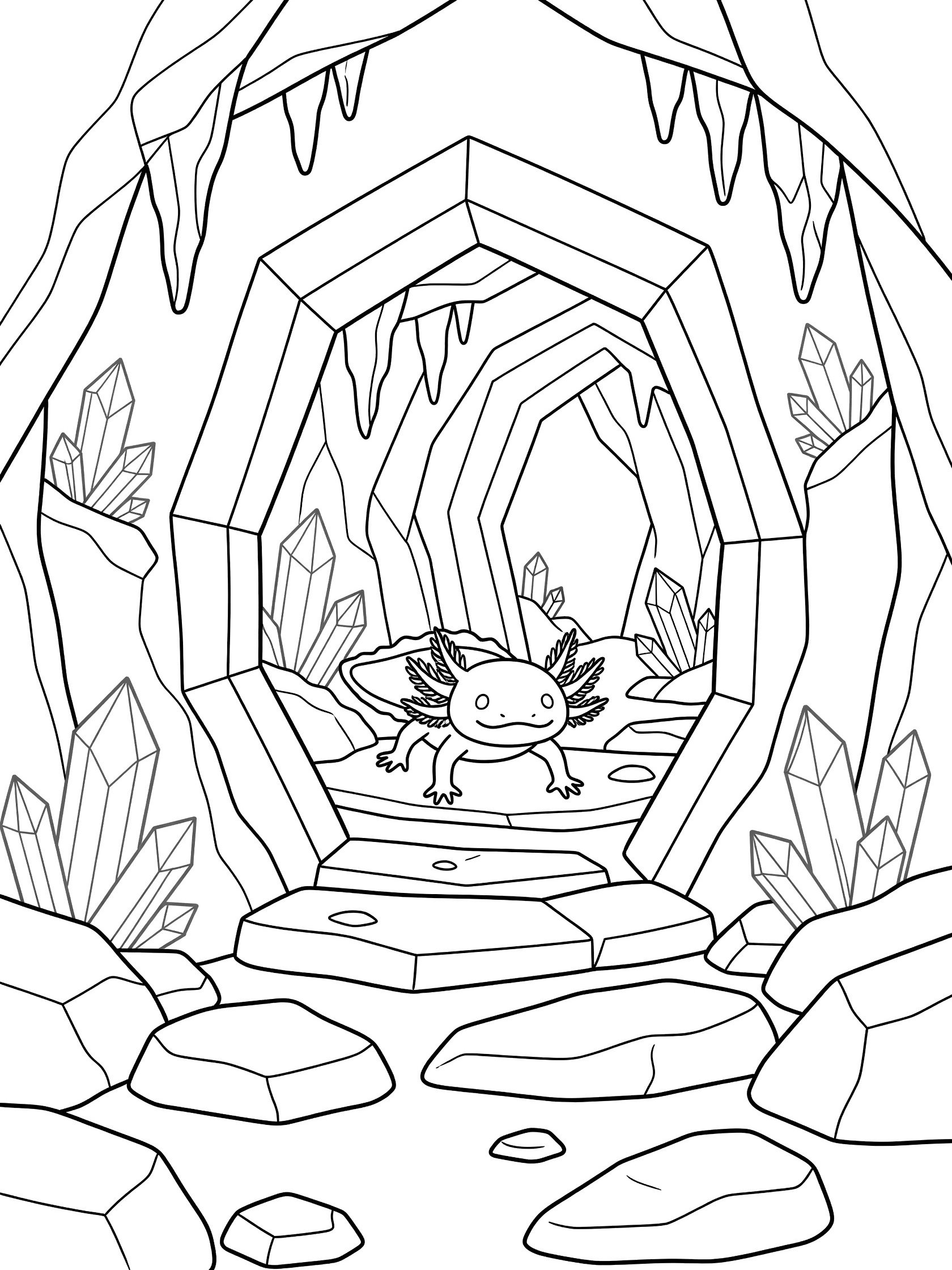 Black and white line art coloring page showing a smiling axolotl entering a geometric cave with stalactites, glowing crystals, and simple rocks.
