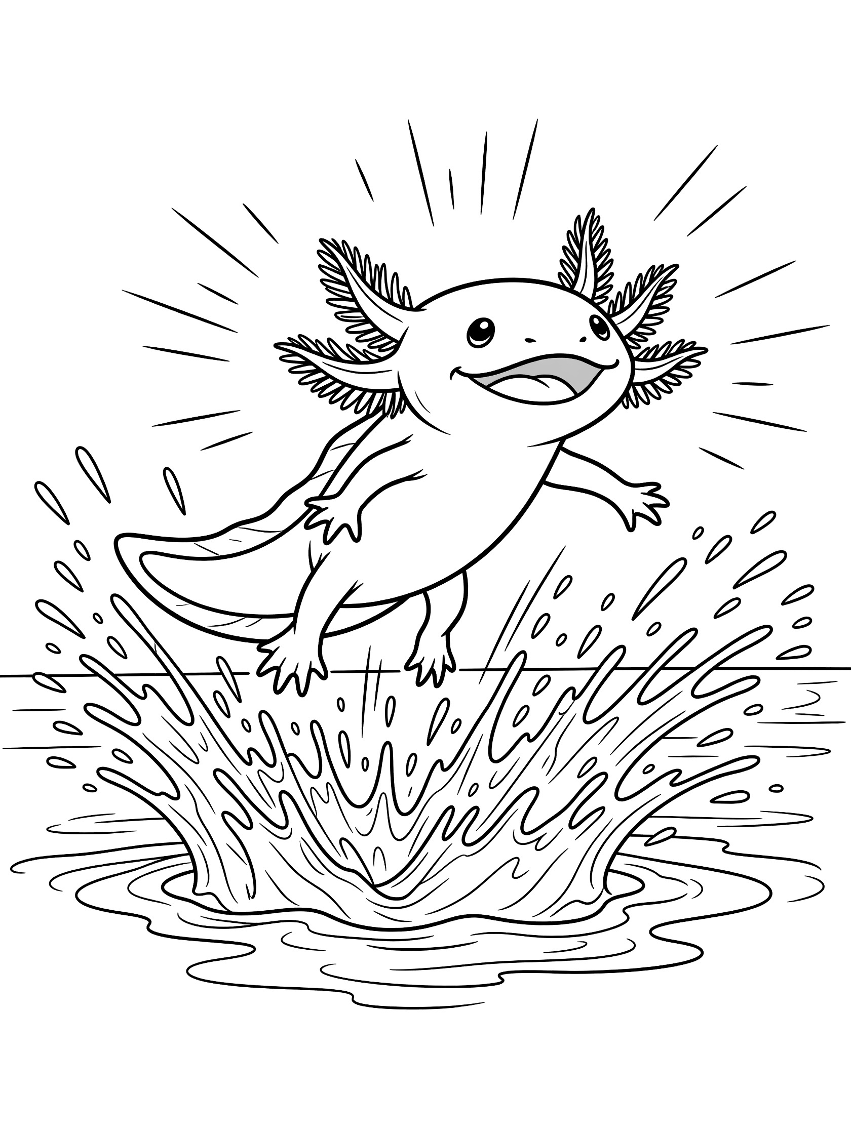 Black and white line art coloring page showing a happy axolotl jumping out of water with splashes and motion lines