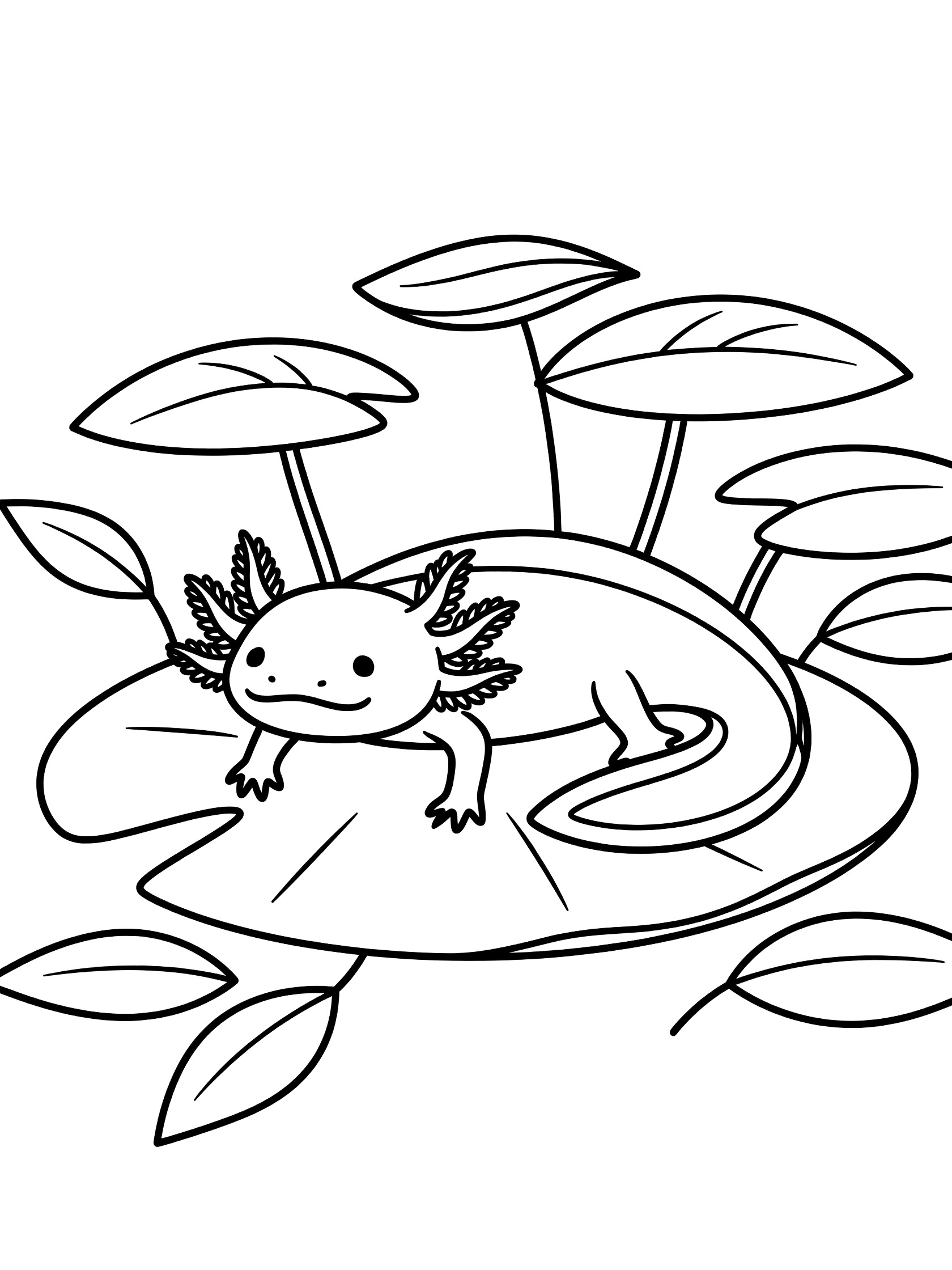 Black and white line art coloring page showing a smiling axolotl with gills and tail sitting on a large lily pad surrounded by simple leaves.