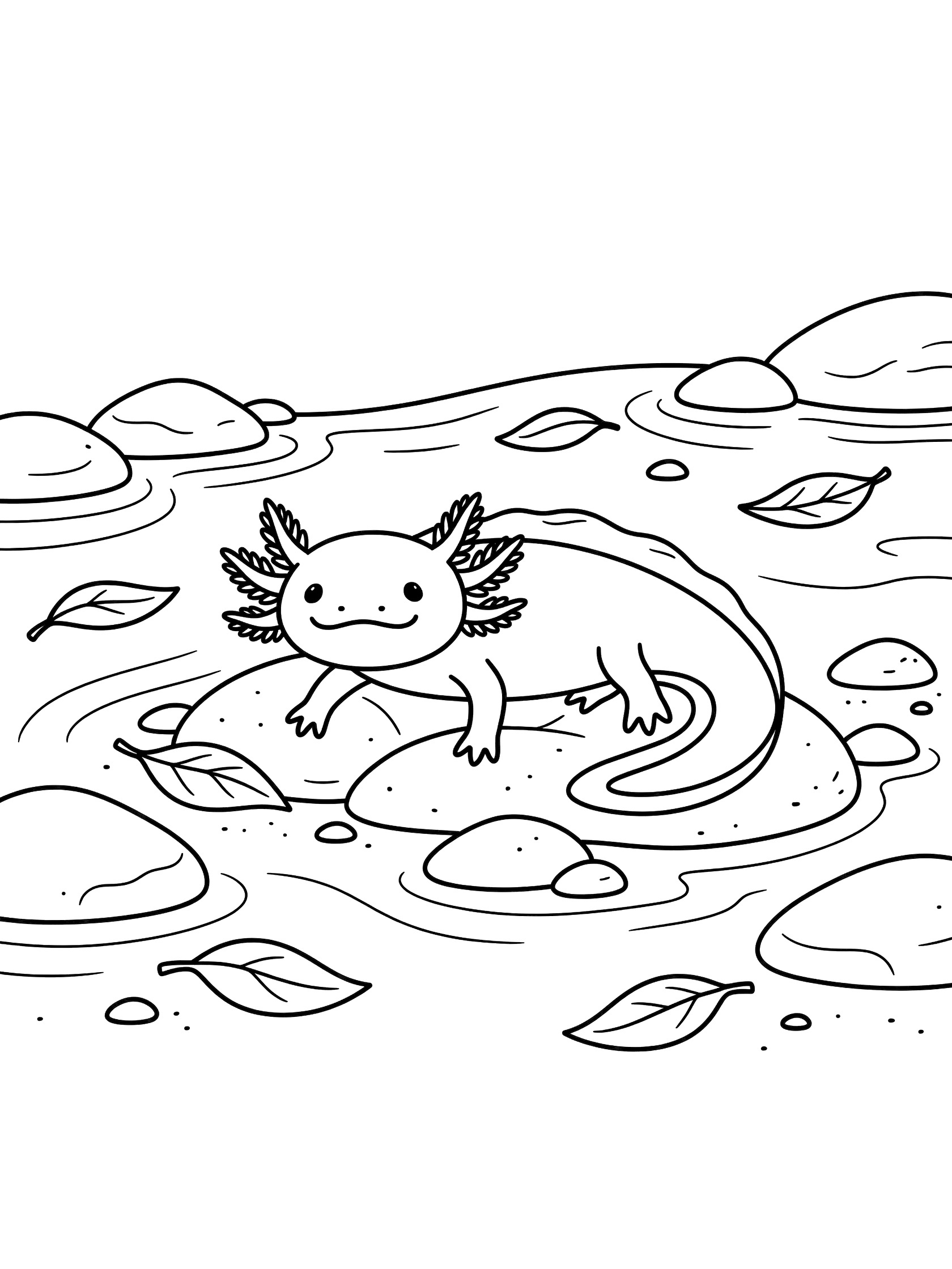 Black and white line art coloring page showing a smiling axolotl lounging on rocks surrounded by pebbles, leaves, and wavy water lines on a white background.