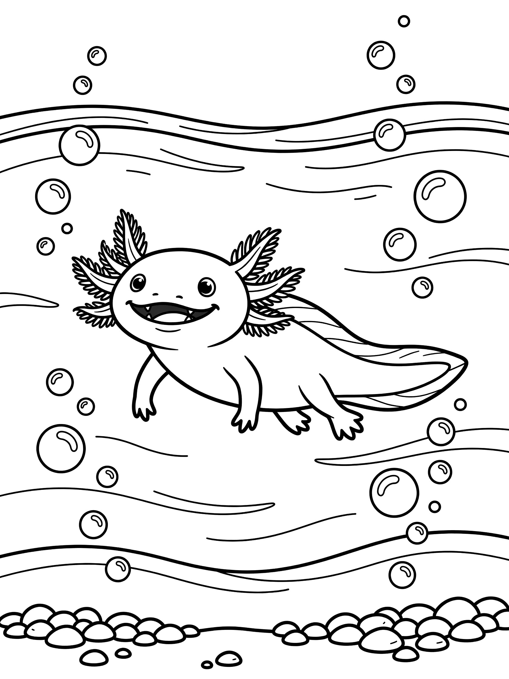 Black and white line art coloring page showing a cheerful axolotl with gills and tail swimming in water surrounded by bubbles, gentle waves and bottom pebbles.