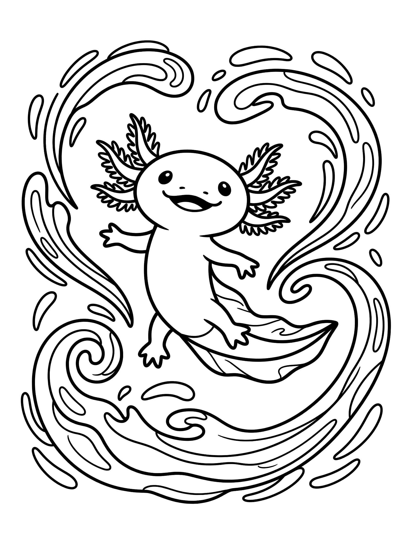 Black and white line art coloring page showing a happy axolotl with big eyes, gills, and tail swimming in swirling water patterns.
