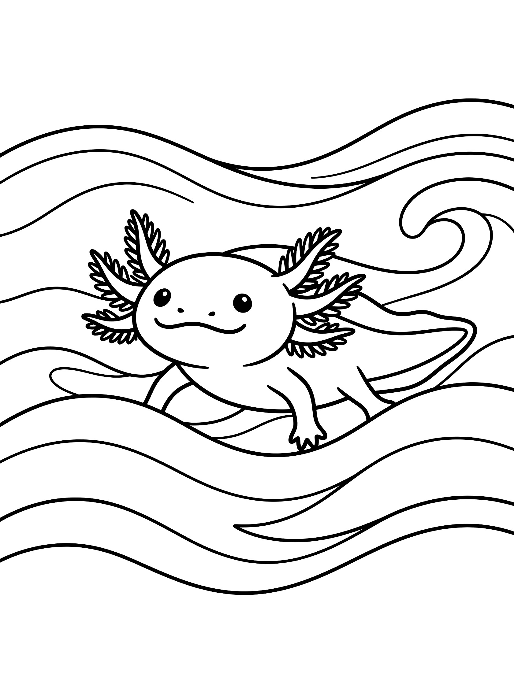 Black and white line art coloring page showing a cute axolotl with big eyes and gills swimming in wavy water lines.