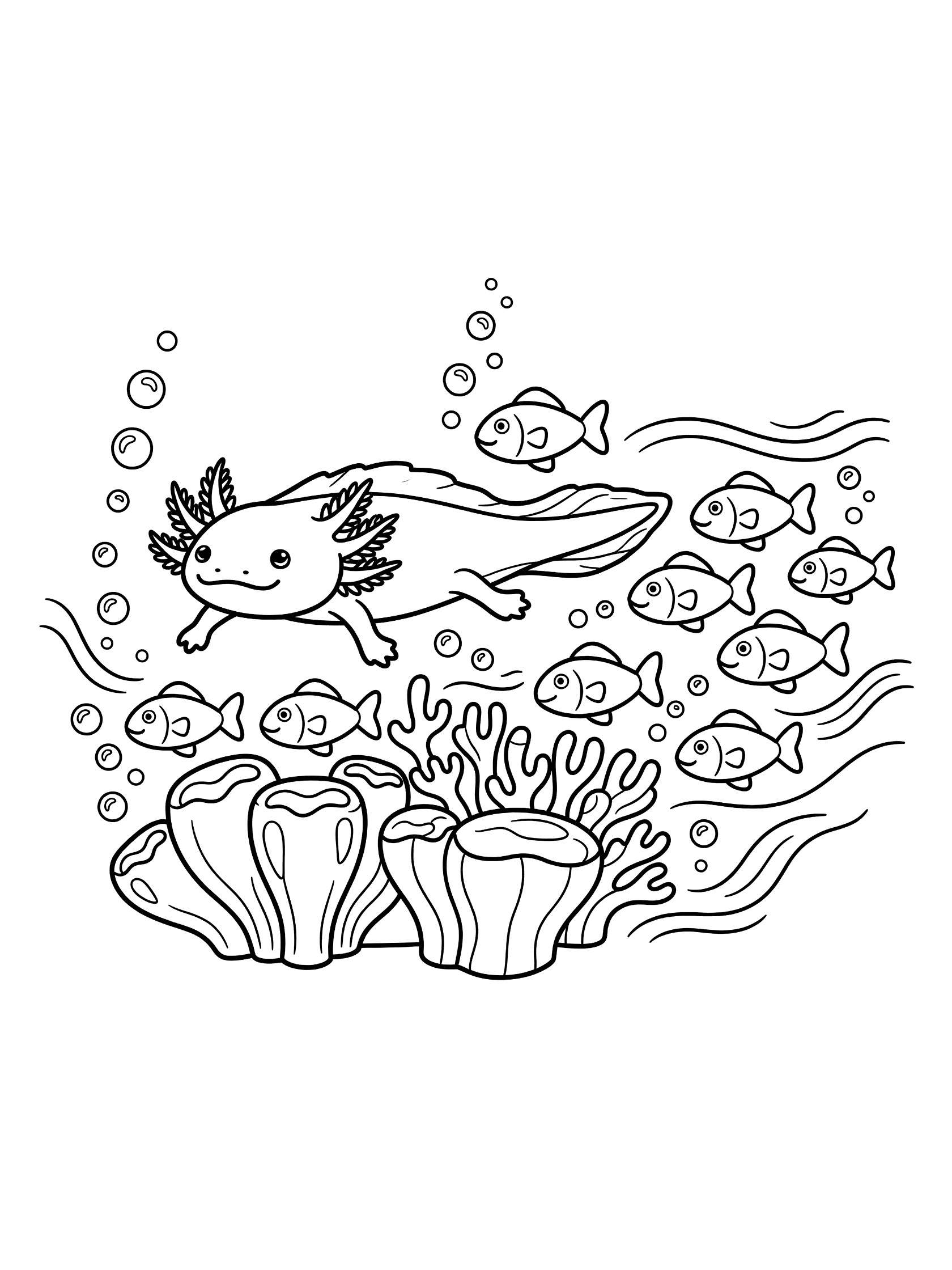 Black and white line art coloring page showing a smiling axolotl swimming with a school of fish around coral reefs and bubbles. Salamander themed black and white printable line art