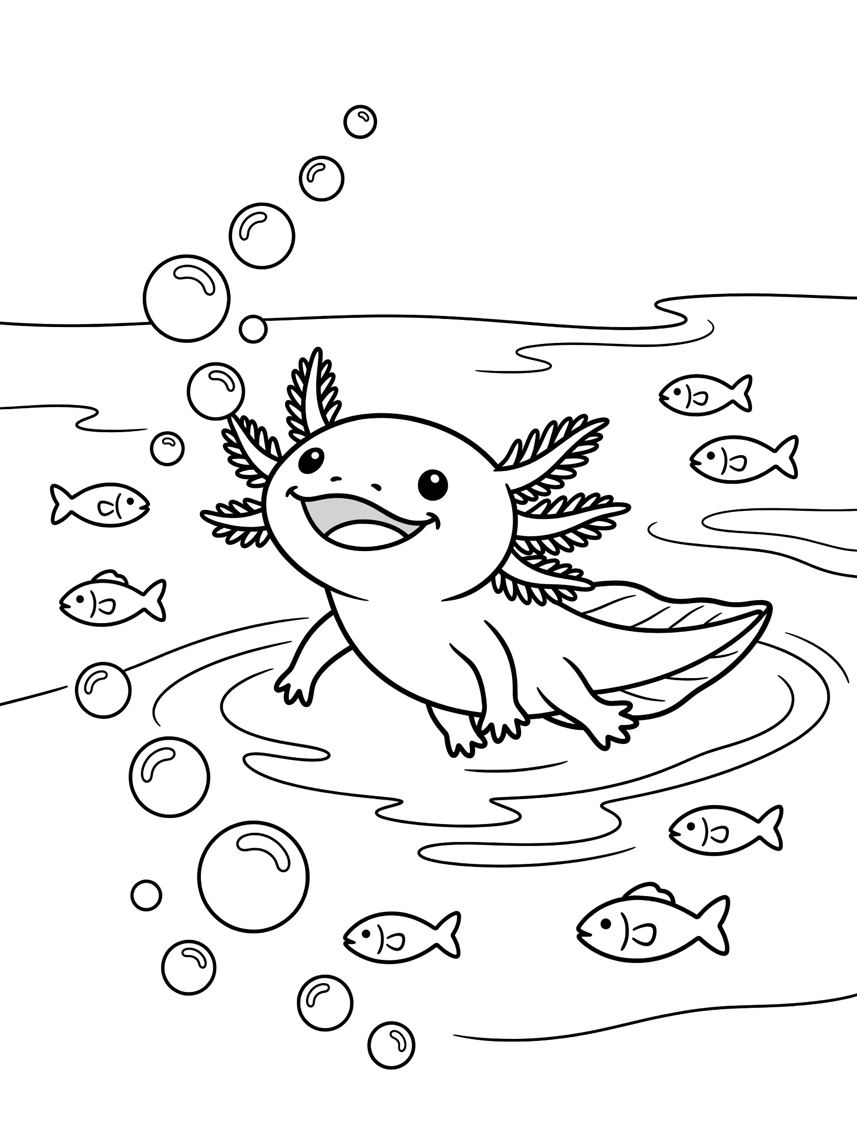 Black and white line art coloring page showing a happy axolotl with gills and tail floating in water, blowing bubbles, surrounded by little fish.