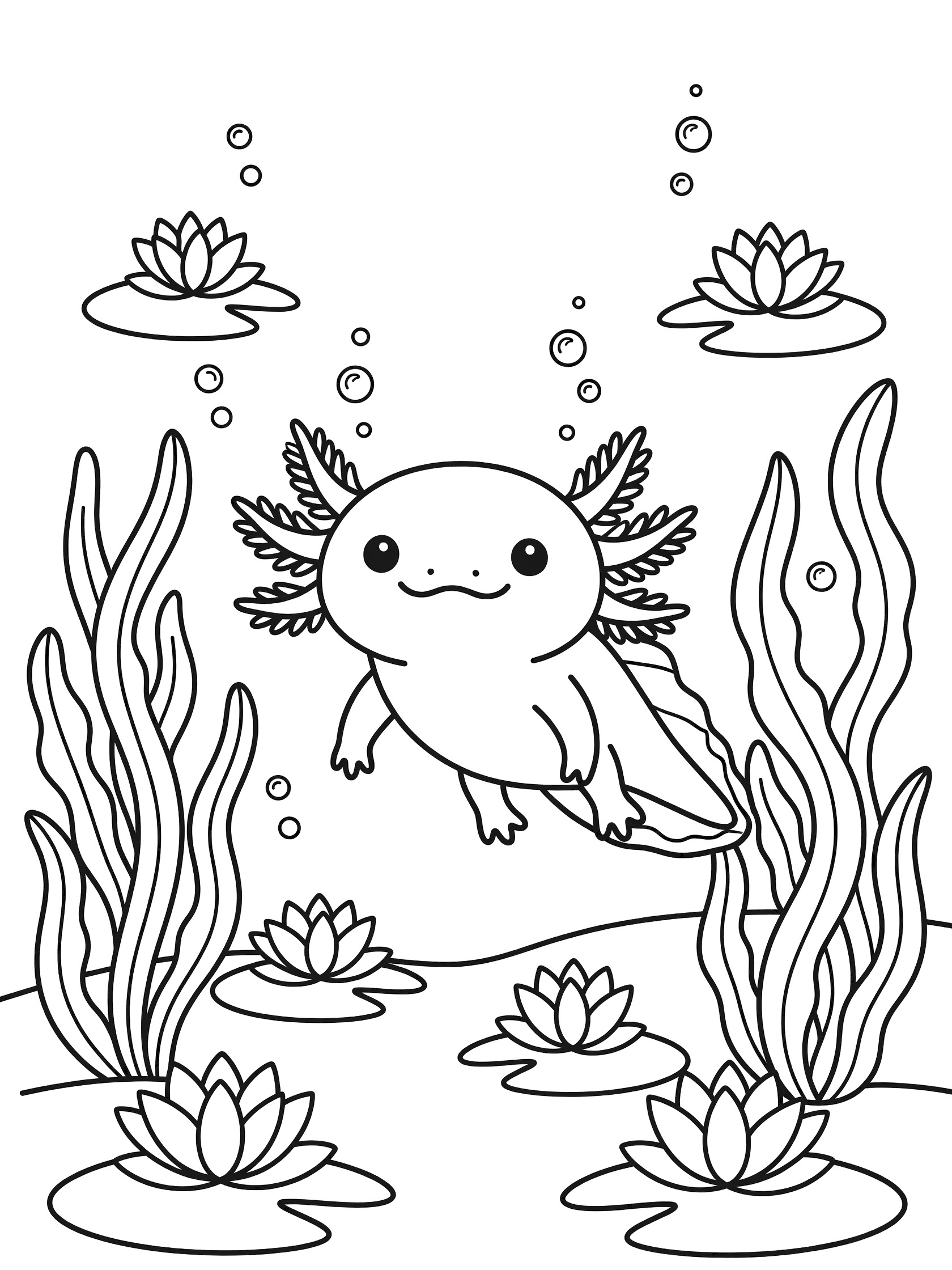 Black and white line art coloring page showing a cute axolotl with gills and tail swimming among tall seaweed, water lily flowers and rising bubbles.