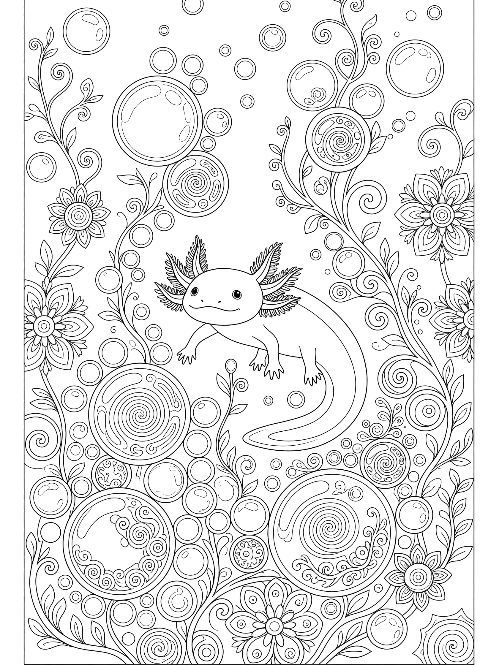 Black and white line art coloring page showing a smiling axolotl surrounded by bubbles, vines, and flowers. Salamander themed black and white printable line art