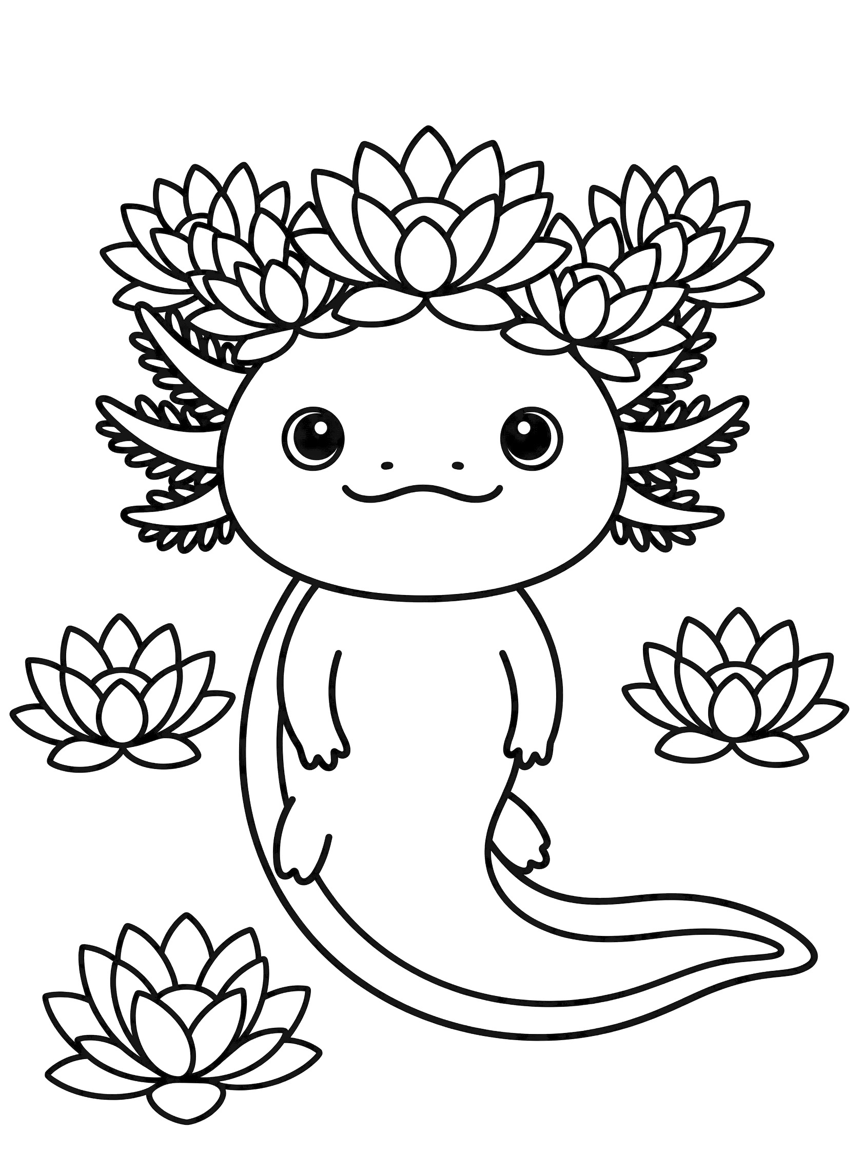 Black and white line art coloring page showing a cute axolotl wearing a crown of lotus flowers, with more floating water lilies around it.