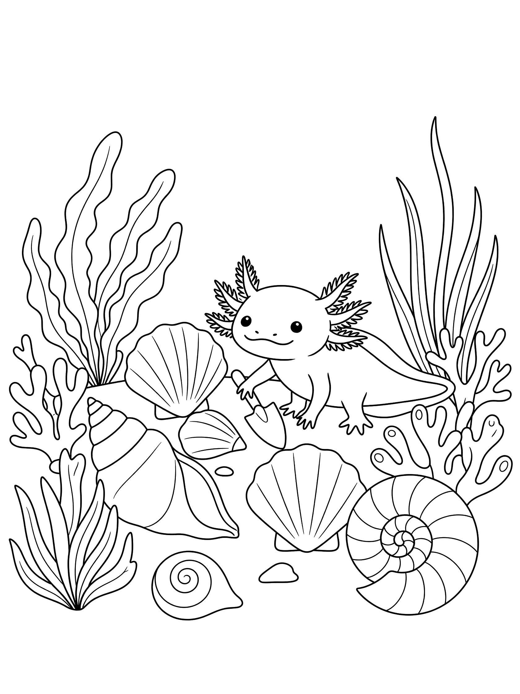 Black and white line art coloring page showing a smiling axolotl surrounded by seashells, seaweed, and ocean plants on a white background.