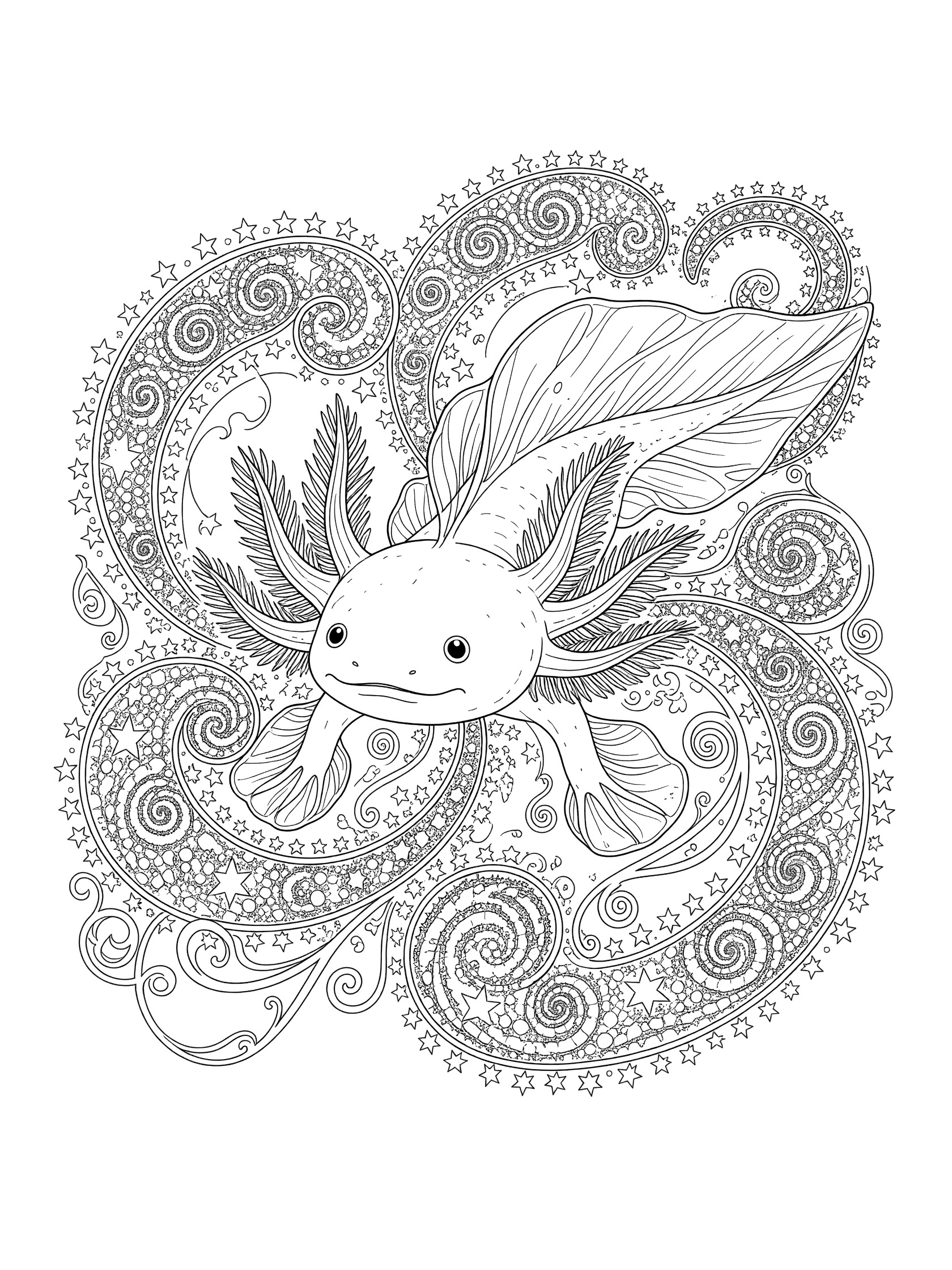 Black and white line art coloring page showing a smiling axolotl with big eyes, surrounded by swirling star patterns and wavy fins.