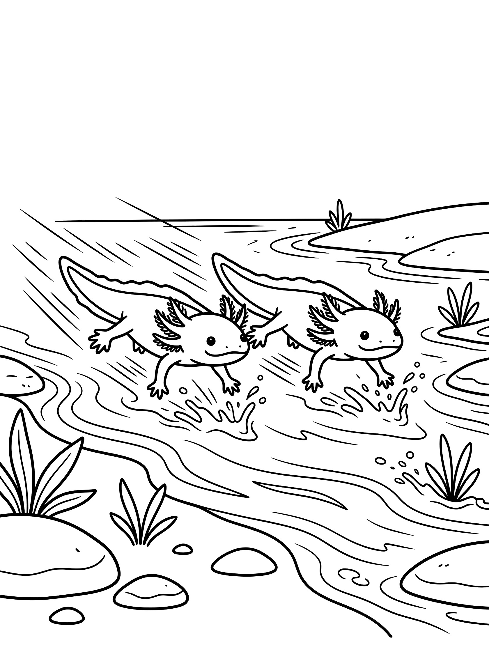 Black and white line art coloring page showing two axolotls racing through a stream with wavy water lines, speed lines, splashes, rocks, and grass tufts.