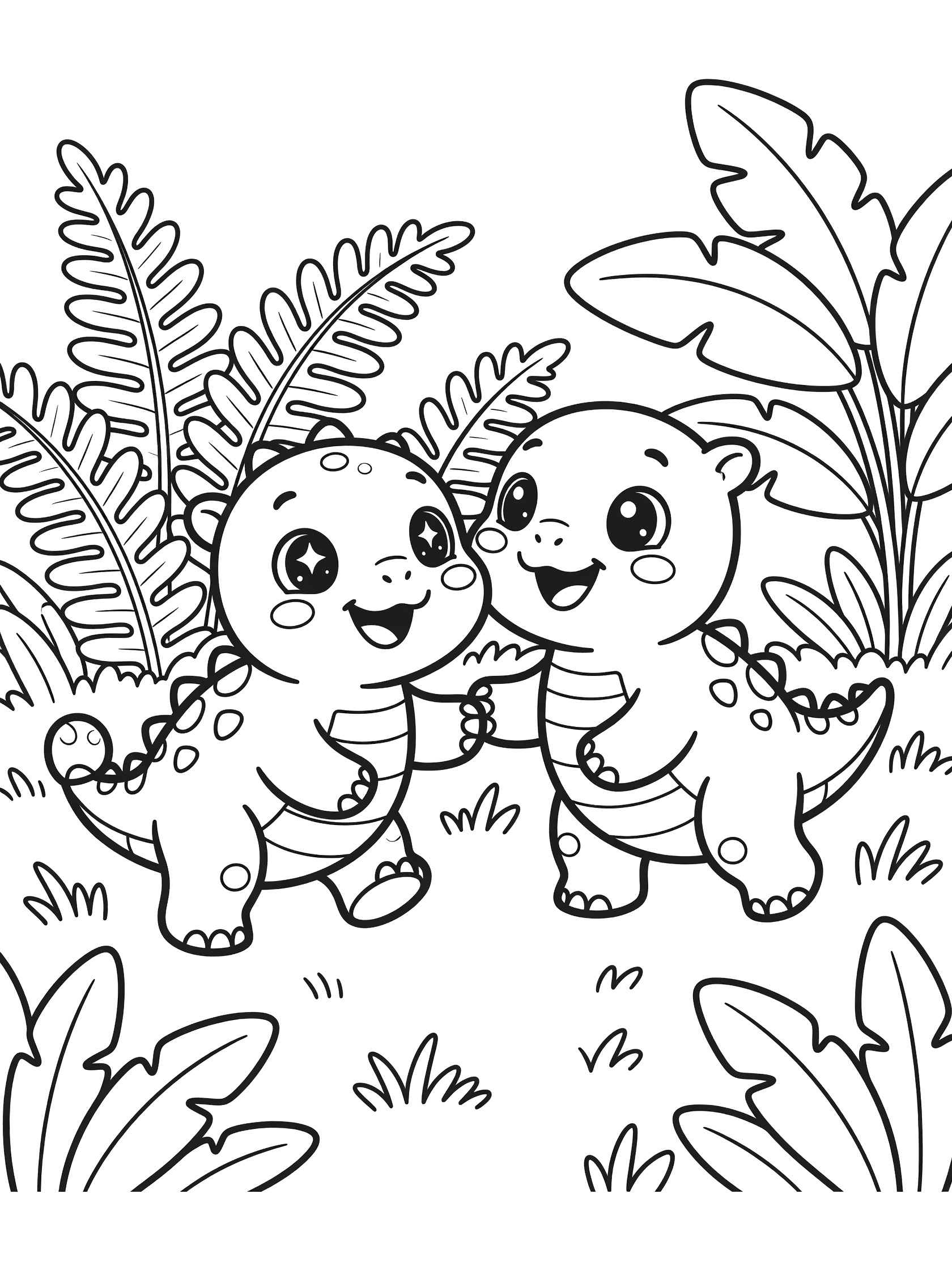 Line art coloring page showing two chubby baby Ankylosaurus with big eyes and tiny club tails chasing and nudging in a prehistoric meadow with ferns and leaves.