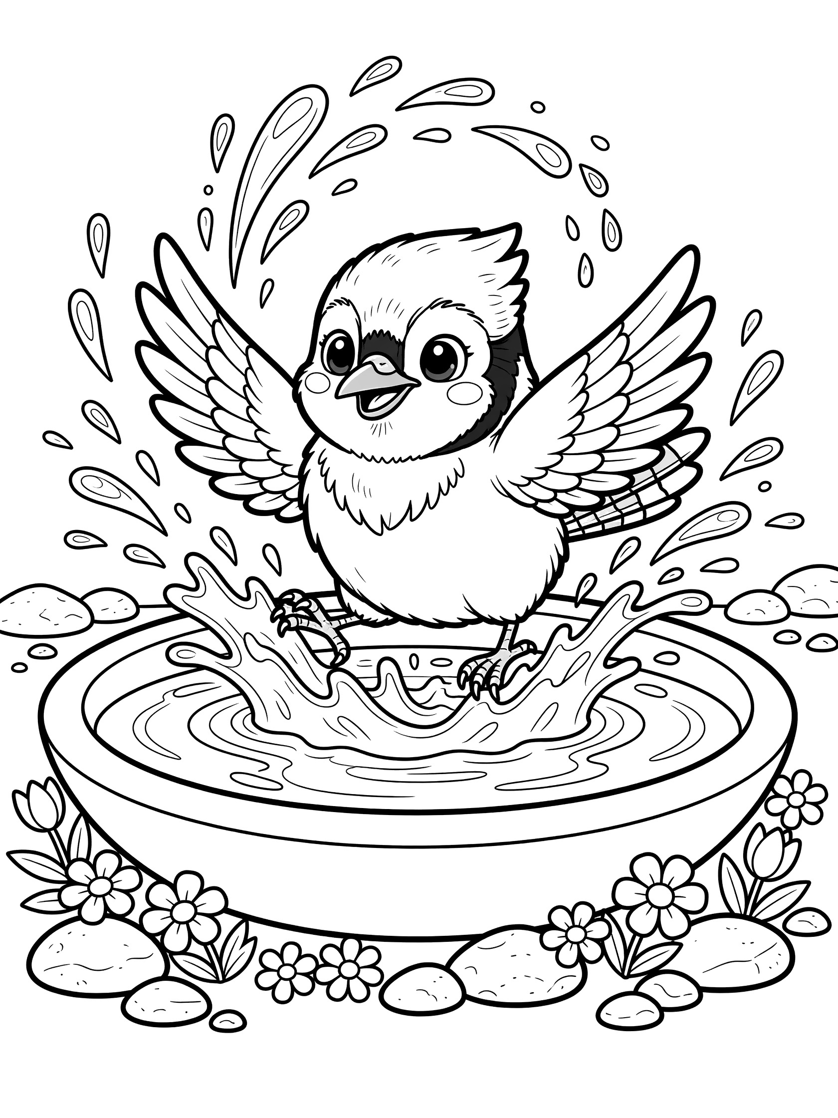 Black and white line art coloring page showing a cute baby bird with big eyes splashing water in a round birdbath surrounded by flowers and pebbles. Blue Jay themed black and white printable line art