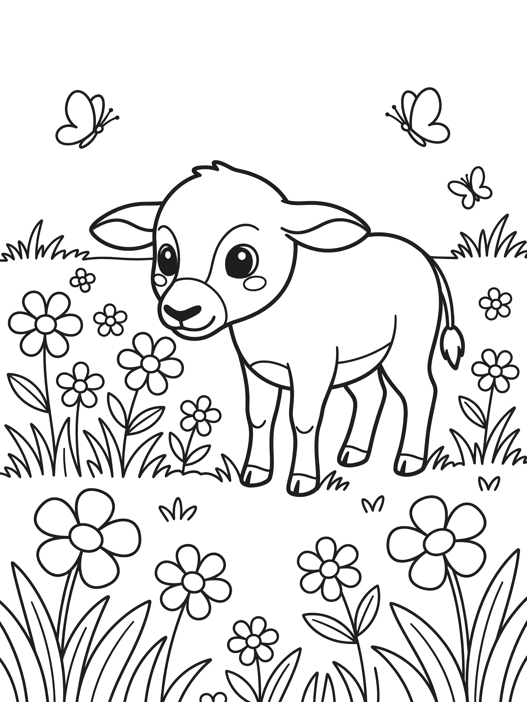 Black and white line art coloring page showing a cute baby cow with big eyes sniffing flowers surrounded by grass and butterflies. Eland themed black and white printable line art