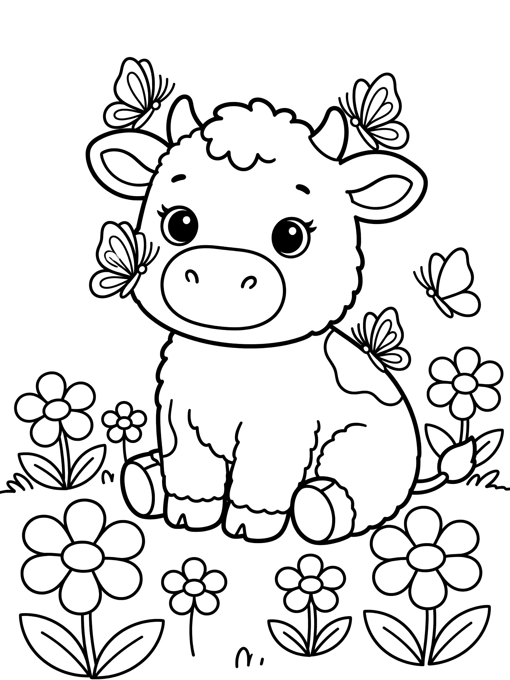 Black and white line art coloring page showing a cute baby cow with big eyes sitting among flowers and butterflies landing on its nose, ears, and around it. Cows themed black and white printable line art