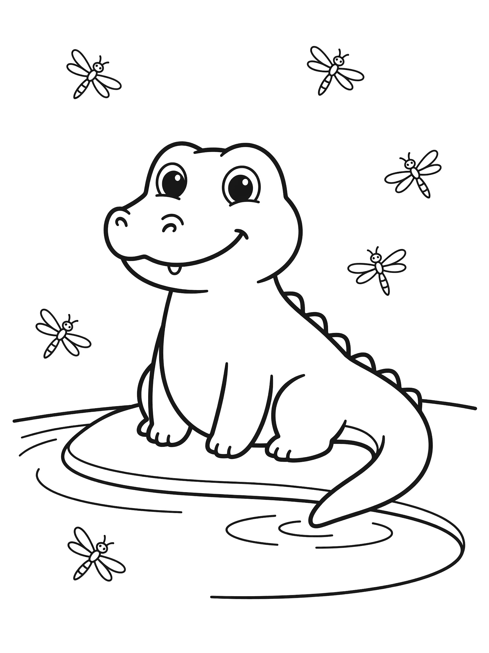 Black and white line drawing of a cheerful baby crocodile with big eyes sitting on a pond edge, tail in water, surrounded by dragonflies. Alligator themed black and white printable line art