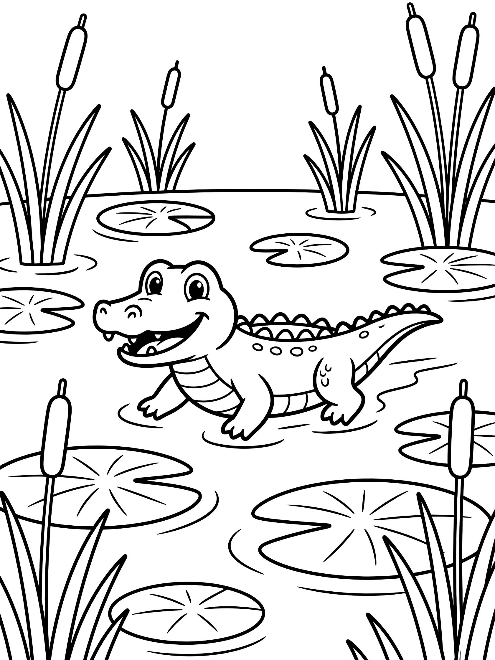 Black and white line art coloring page showing a cute smiling baby crocodile wading in a pond surrounded by lily pads and tall reeds. Alligator themed black and white printable line art