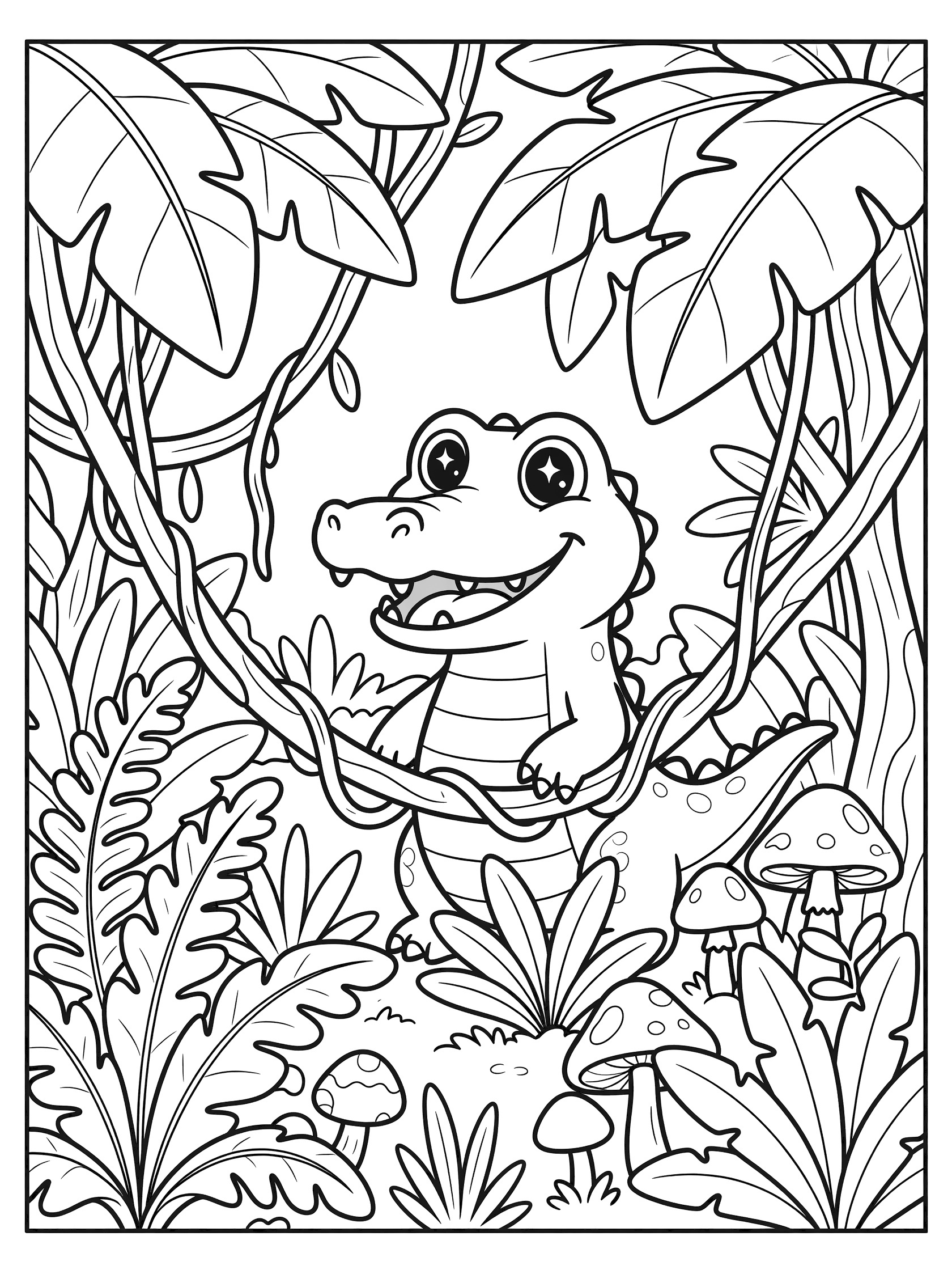 Black and white line art coloring page showing a cute baby crocodile with big eyes smiling and peeking from large jungle leaves and vines, surrounded by ferns and mushrooms