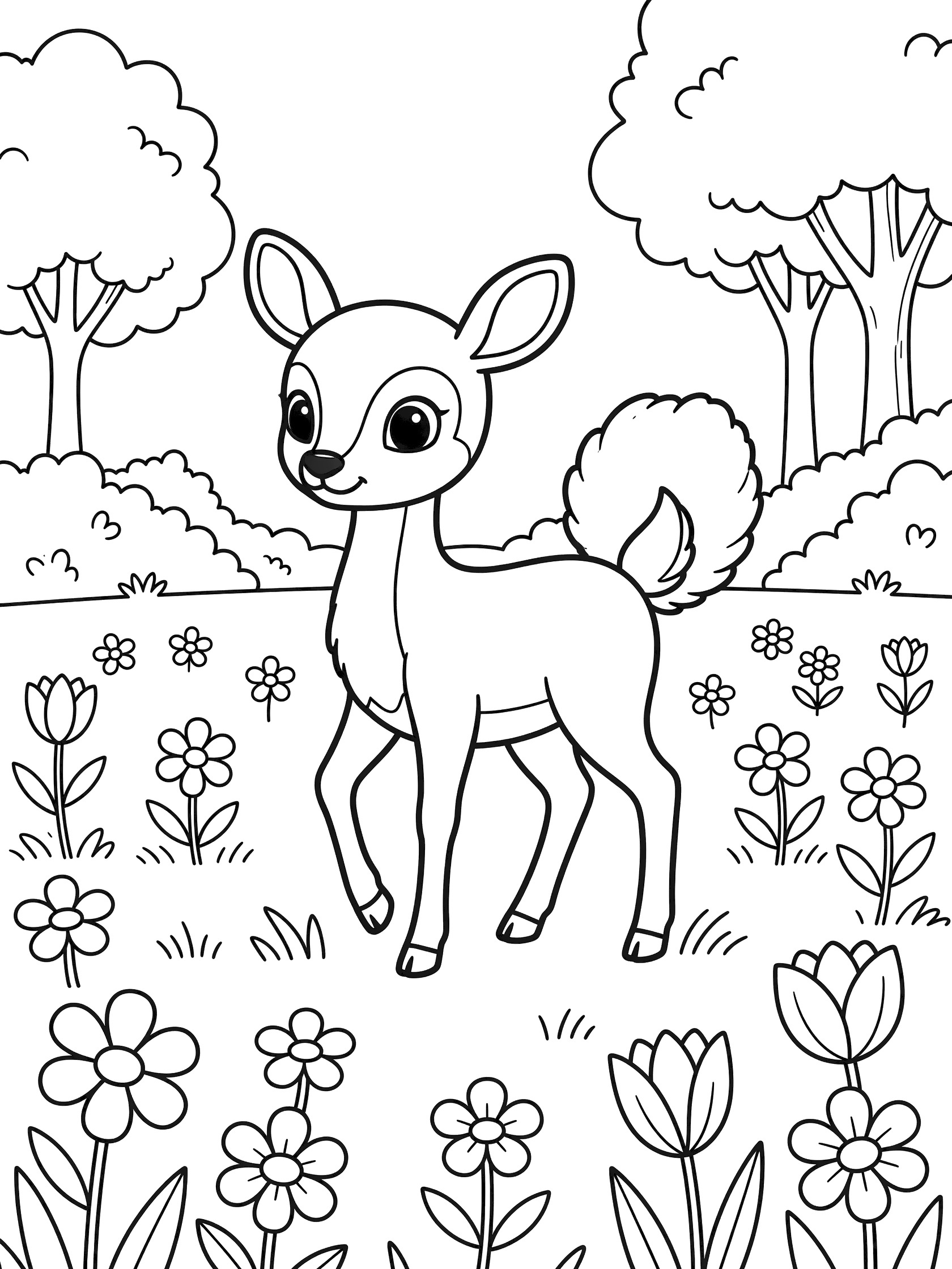Black and white line art coloring page showing a cute cartoon baby deer with big eyes and fluffy tail in a meadow full of flowers and distant trees.