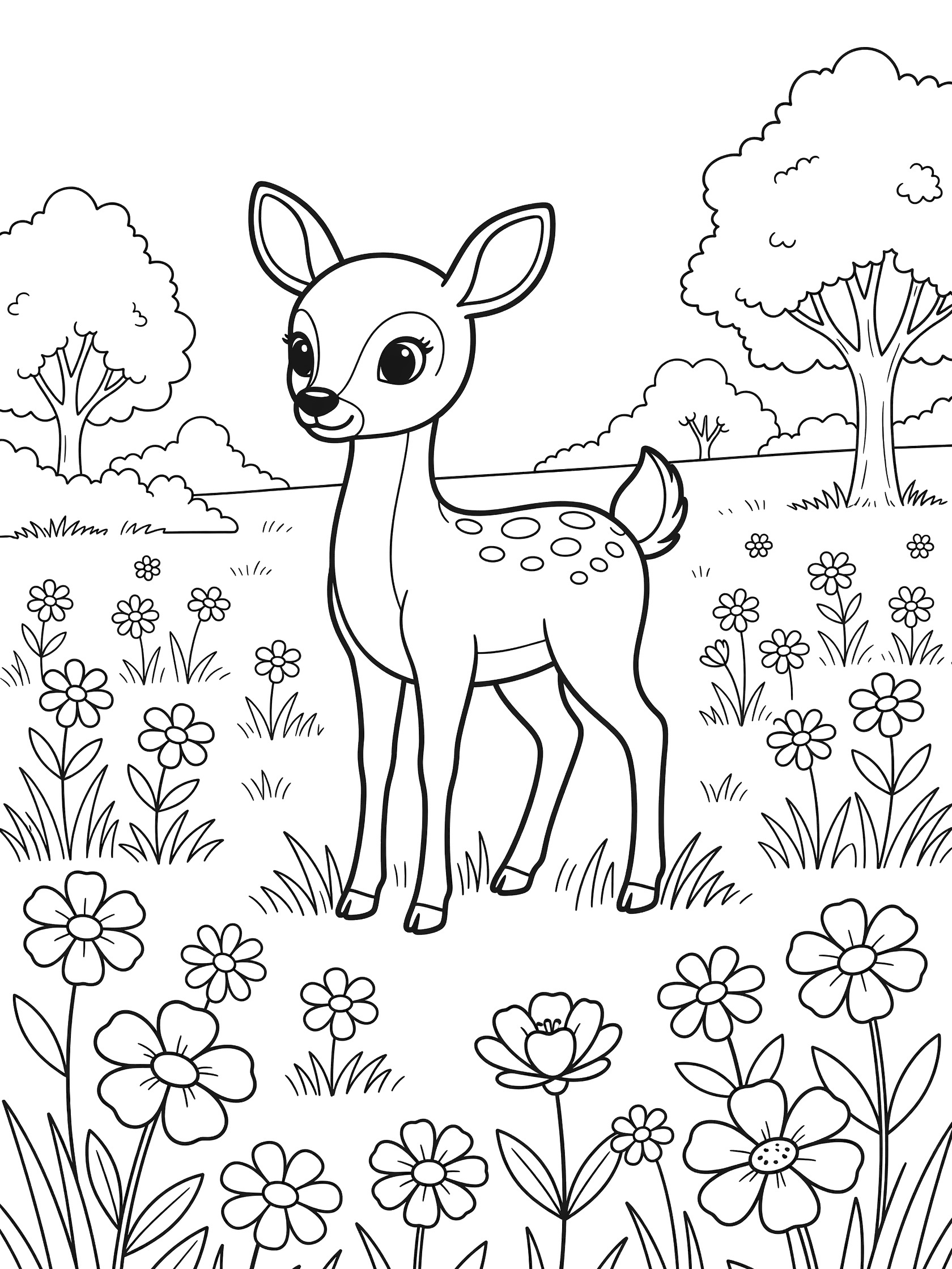 Black and white coloring page of a cute cartoon baby deer with big eyes and fluffy tail in a flower meadow with trees