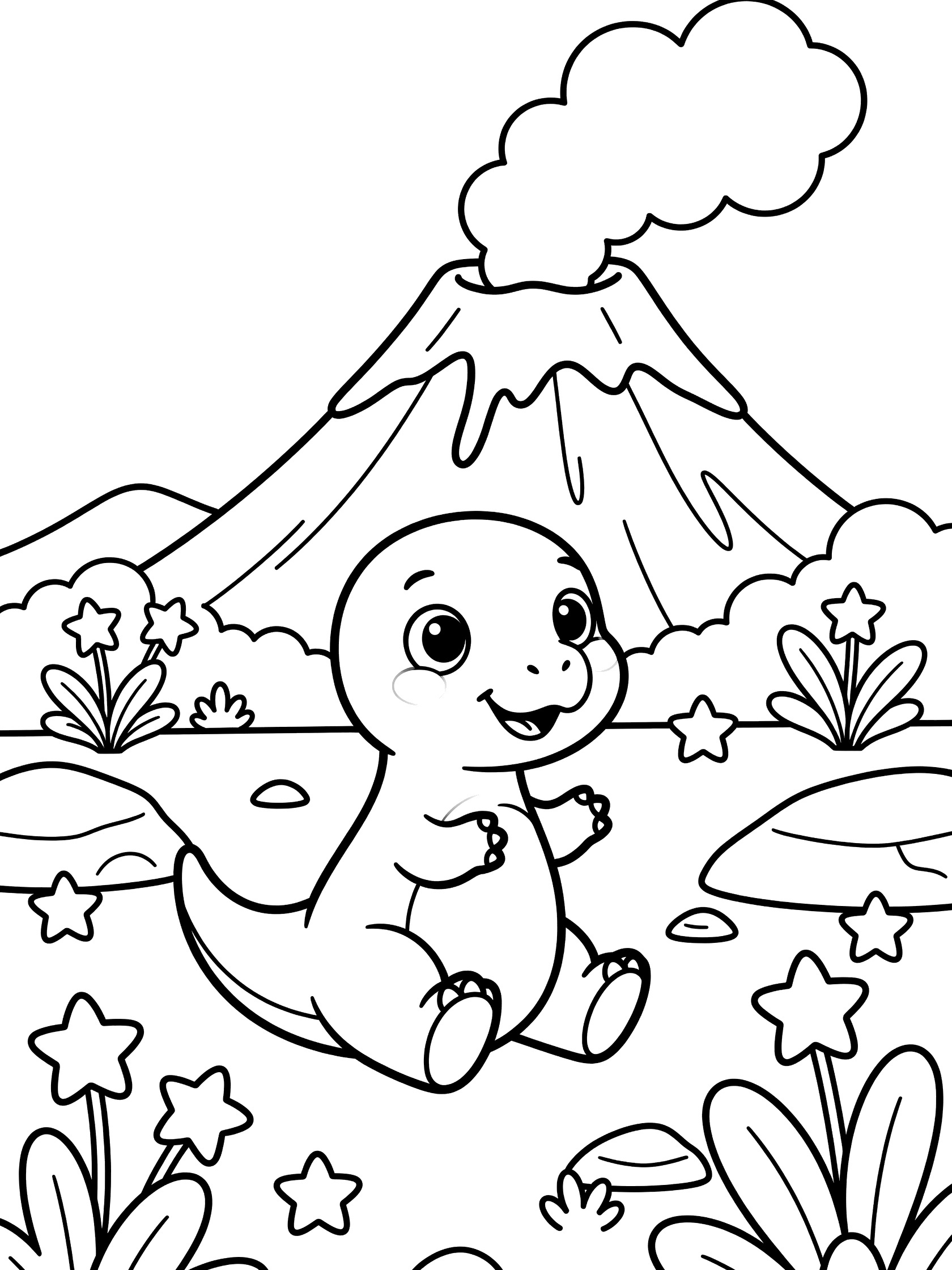 Black and white line art coloring page showing a cute baby dinosaur with big eyes and smile sitting playfully on rocky ground near a volcano puffing smoke, surrounded by starry plants and rocks. Tarbosaurus themed black and white printable line art