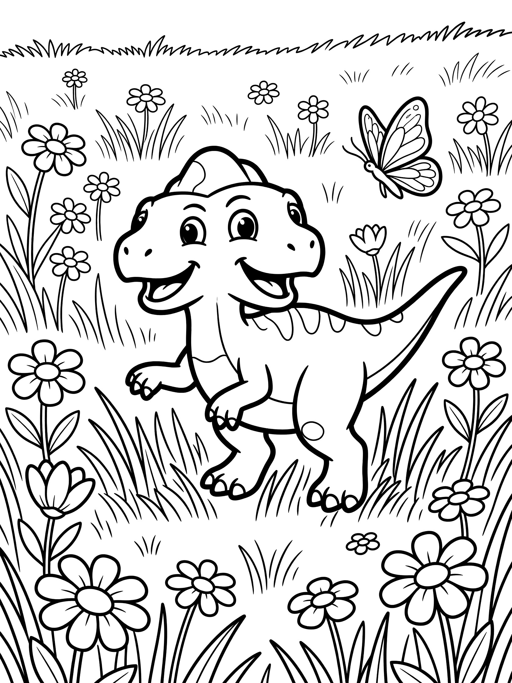 Black and white line art coloring page showing a cute baby dinosaur with frill and spots playfully chasing a butterfly amid tall grass and wildflowers. Dilophosaurus themed black and white printable line art