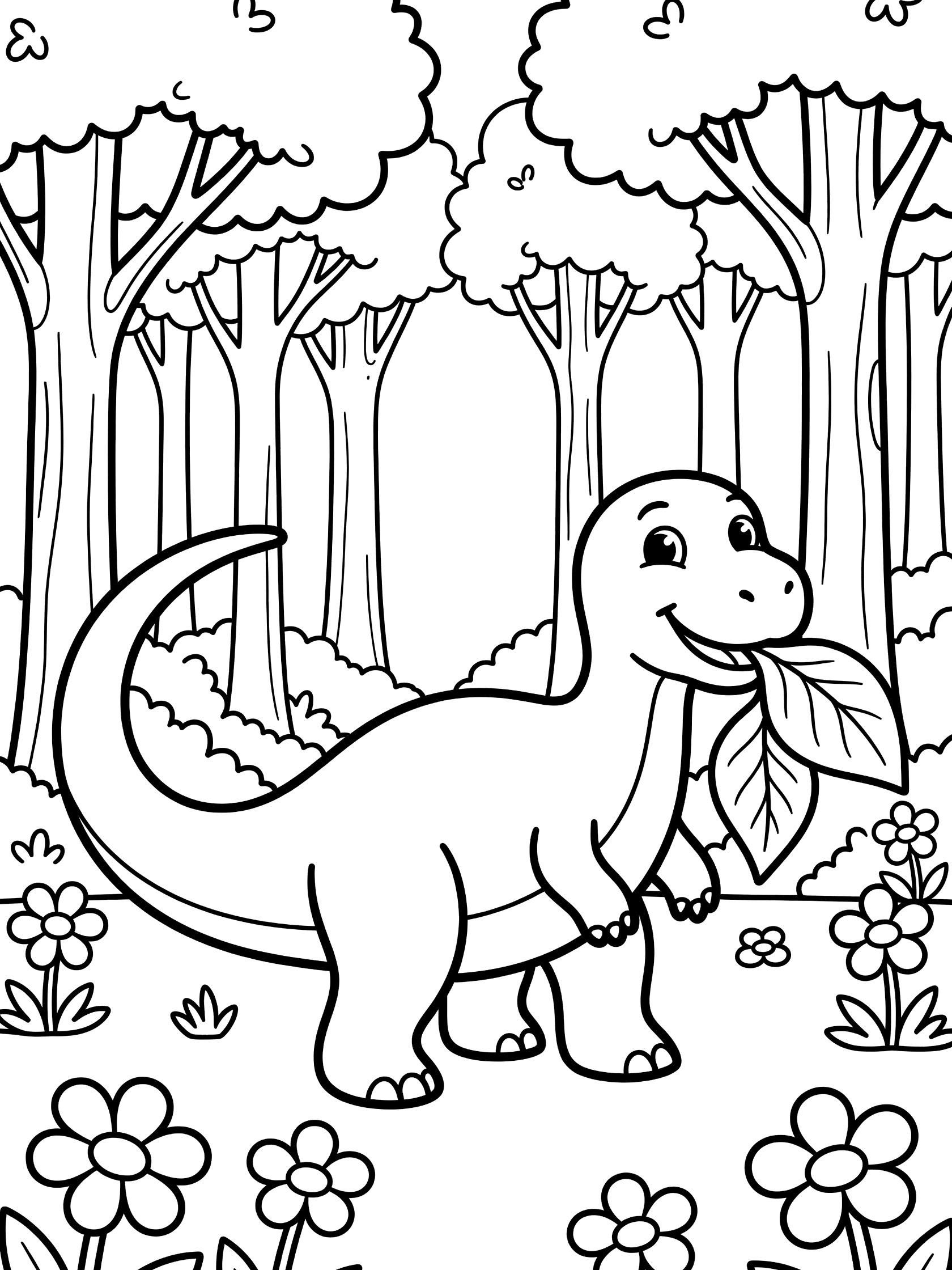 Black and white line art coloring page showing a happy baby dinosaur eating a big leaf surrounded by trees and flowers in a forest. Godzilla themed black and white printable line art