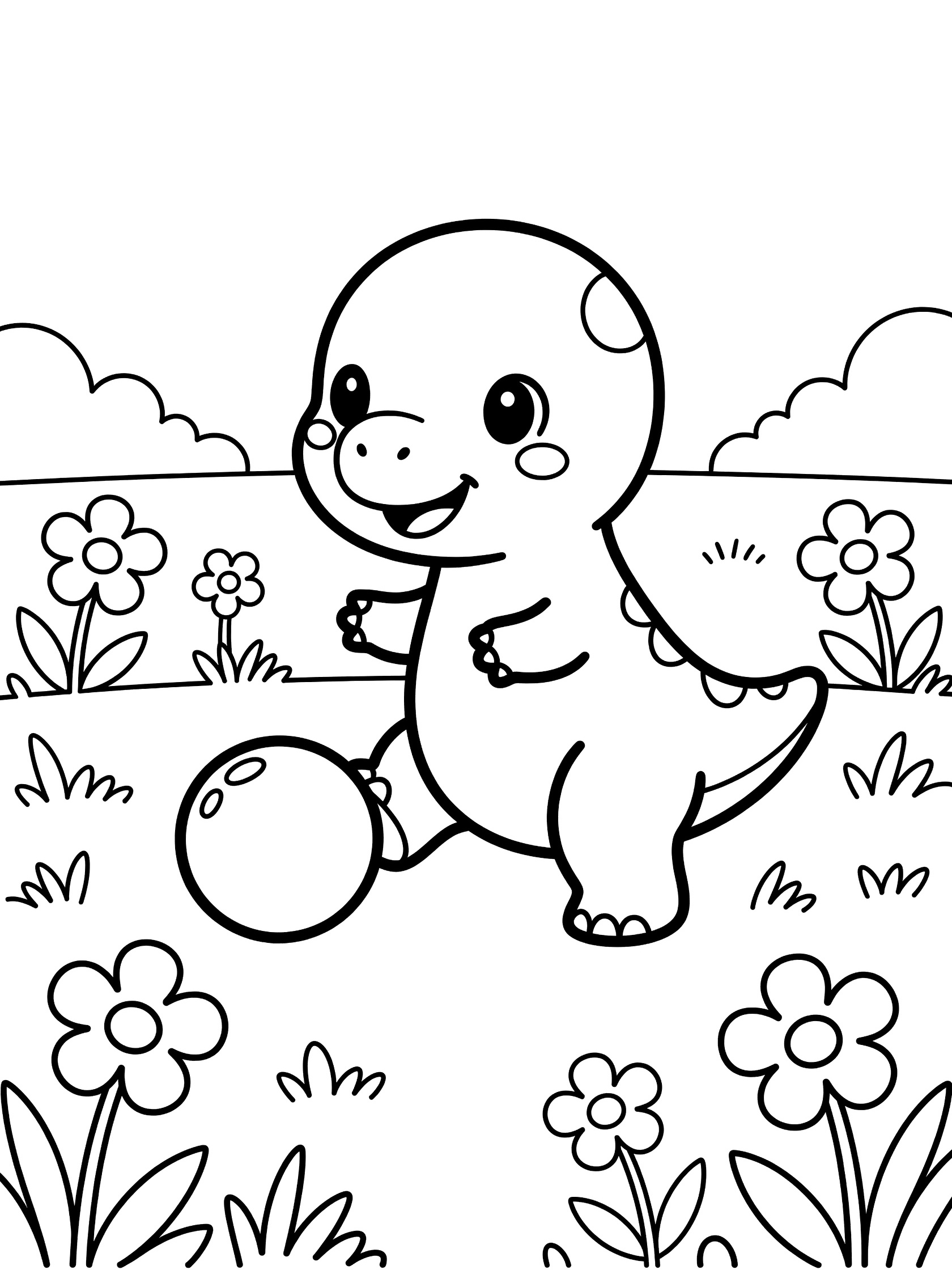 Black and white line art coloring page showing a happy baby dinosaur with big eyes kicking a round ball surrounded by grass and flowers. Pachycephalosaurus themed black and white printable line art