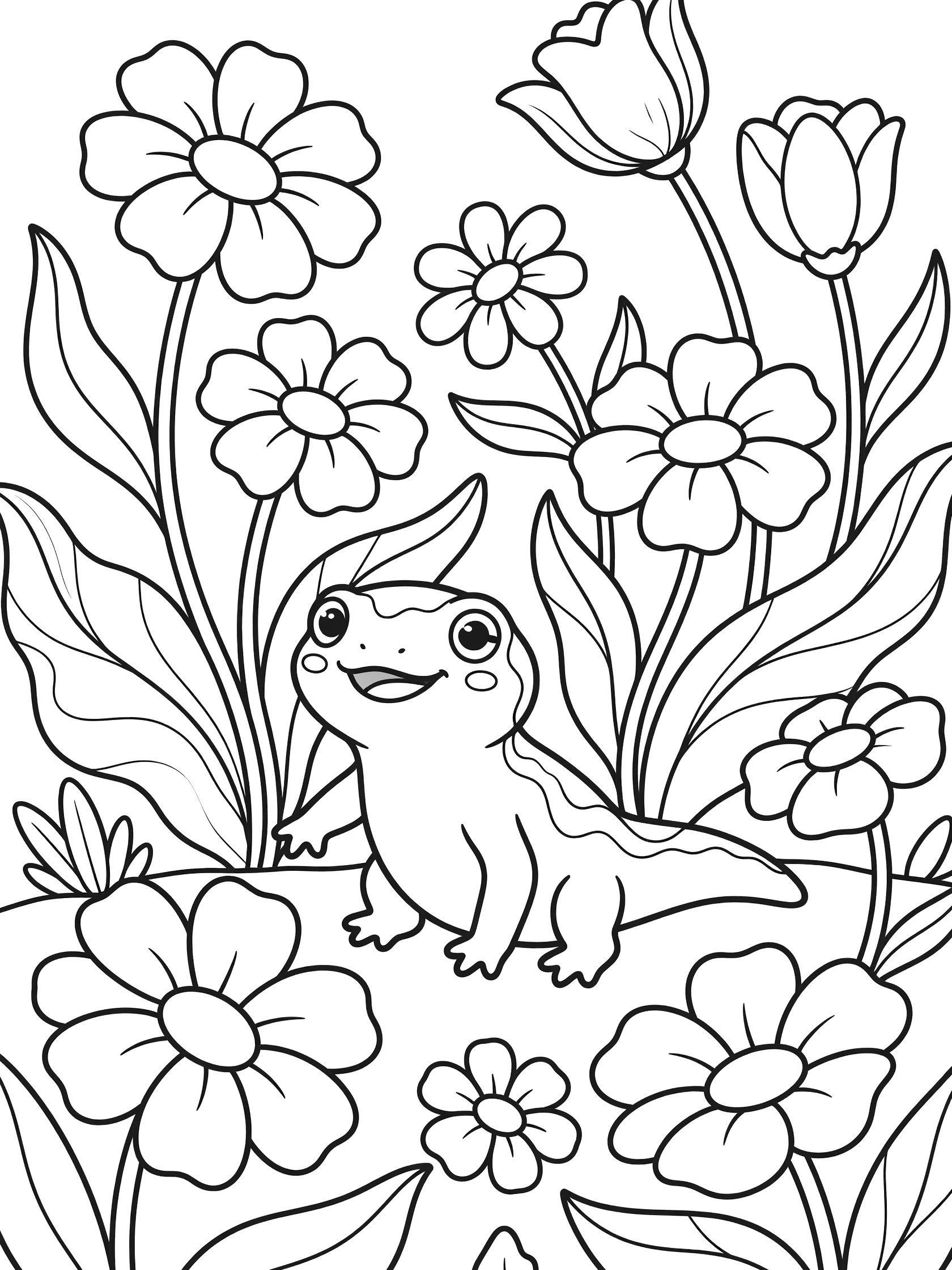 Black and white line art coloring page showing a cute baby dinosaur with a big smile sitting on the ground surrounded by large flowers and wavy leaves. Salamander themed black and white printable line art