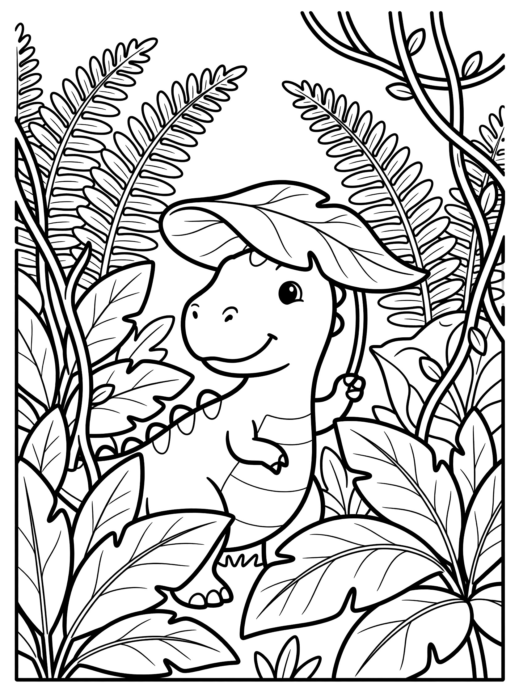 Black and white line art coloring page showing a cute baby dinosaur with big eyes and smile, holding a large leaf over its head like a hat, surrounded by jungle ferns and vines. Vastatosaurus Rex themed black and white printable line art