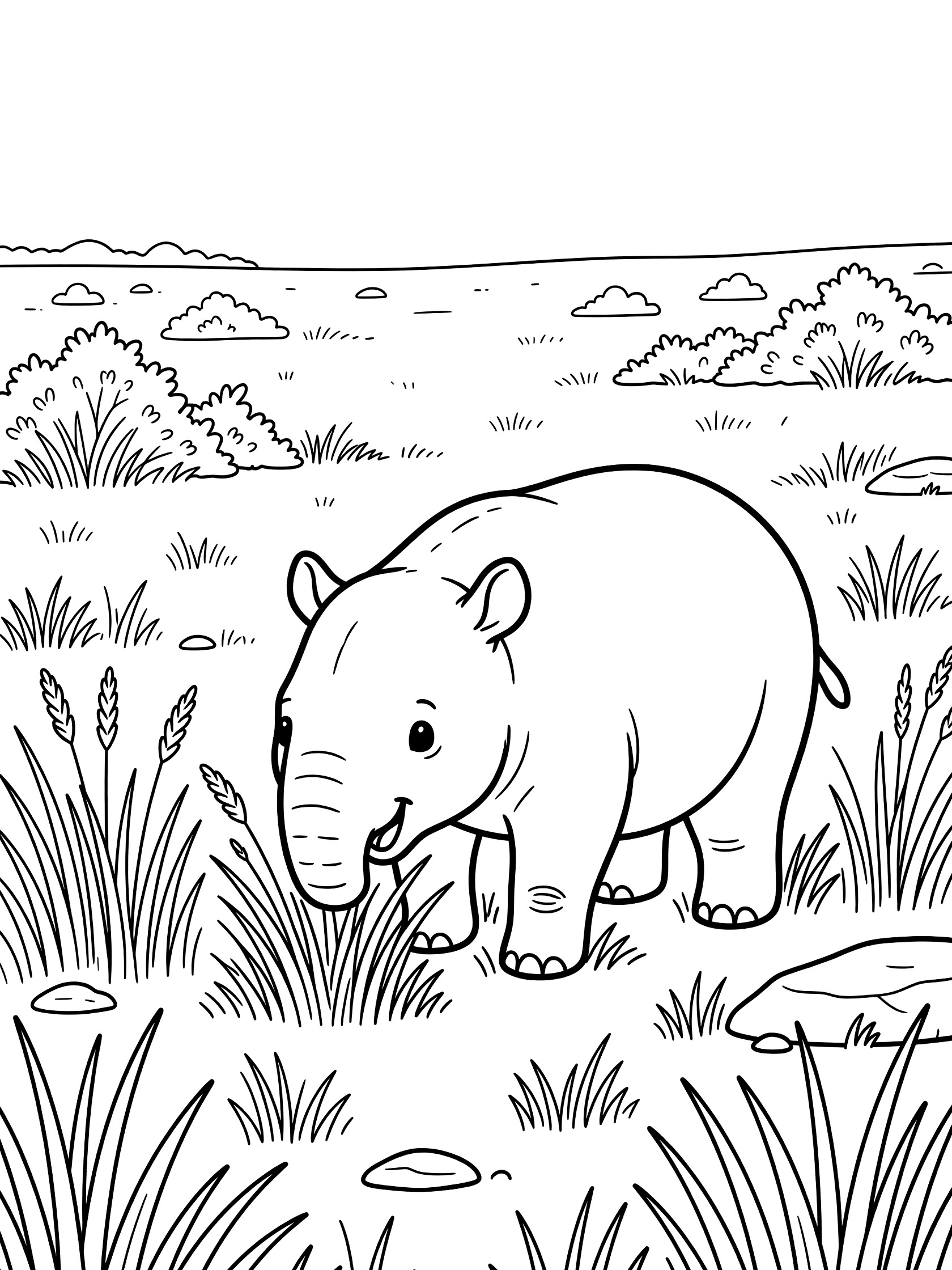 Black and white coloring book page showing a cute baby Diprotodon with large body and short legs grazing on tall grasses in a prehistoric meadow with bushes and rocks.