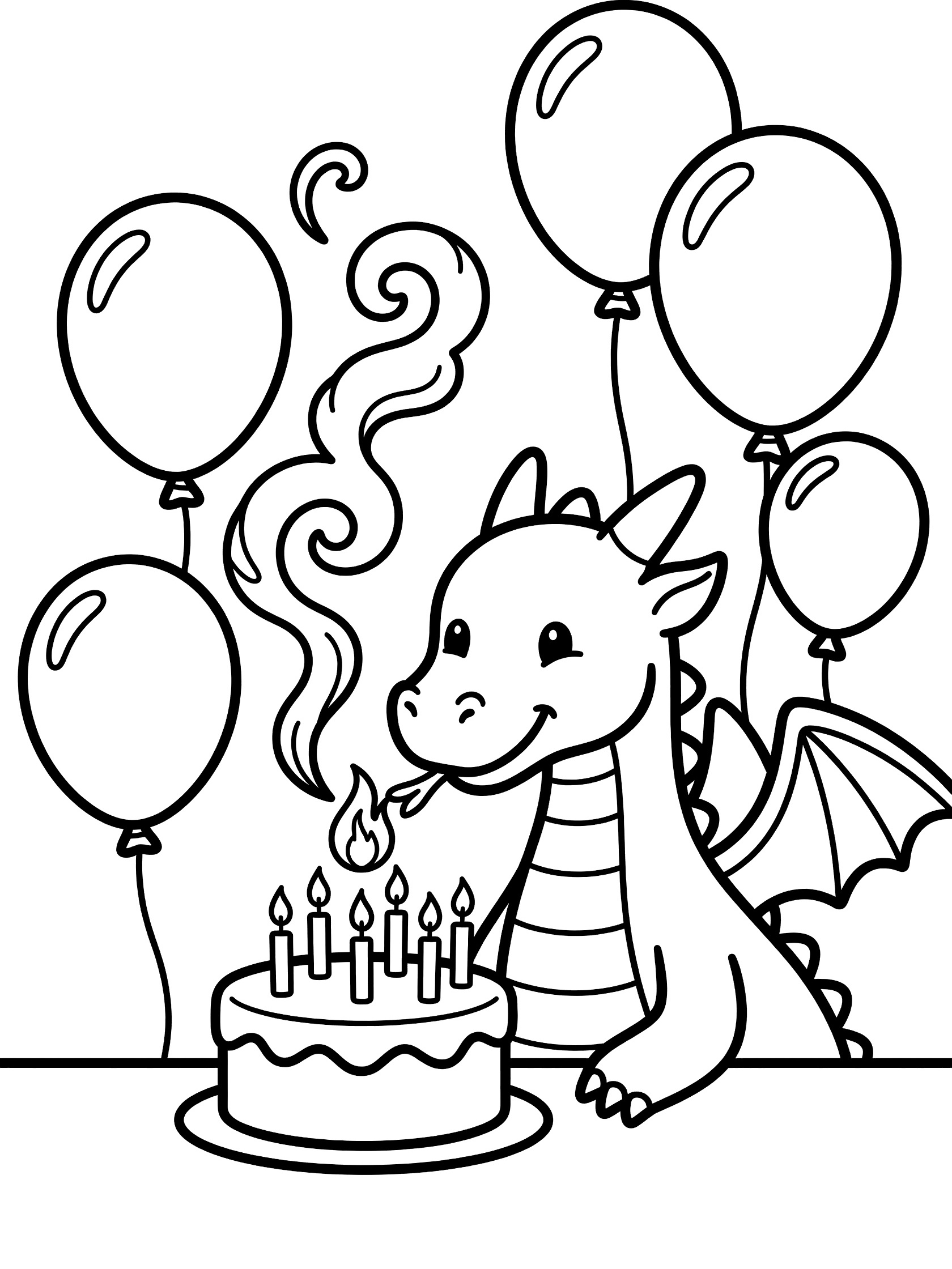 Black and white line art coloring page showing a cute baby dragon with wings blowing a small flame onto candles on a birthday cake surrounded by floating balloons. Dragon Fire themed black and white printable line art