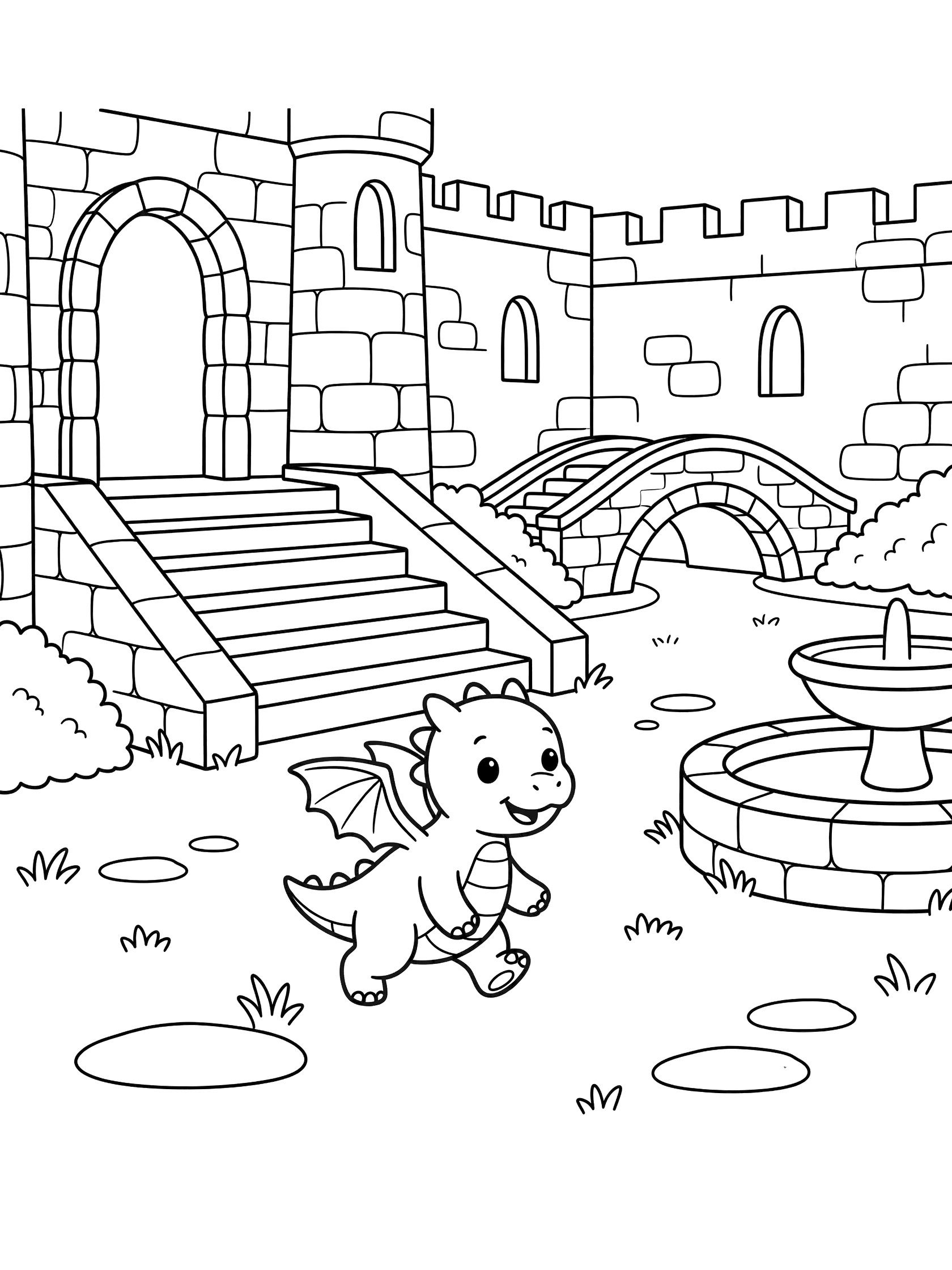 Black and white line art coloring page showing a small baby dragon with wings and big eyes toddling on grass near a fountain, stone steps, bridge, and castle walls. Dragon Castle themed black and white printable line art