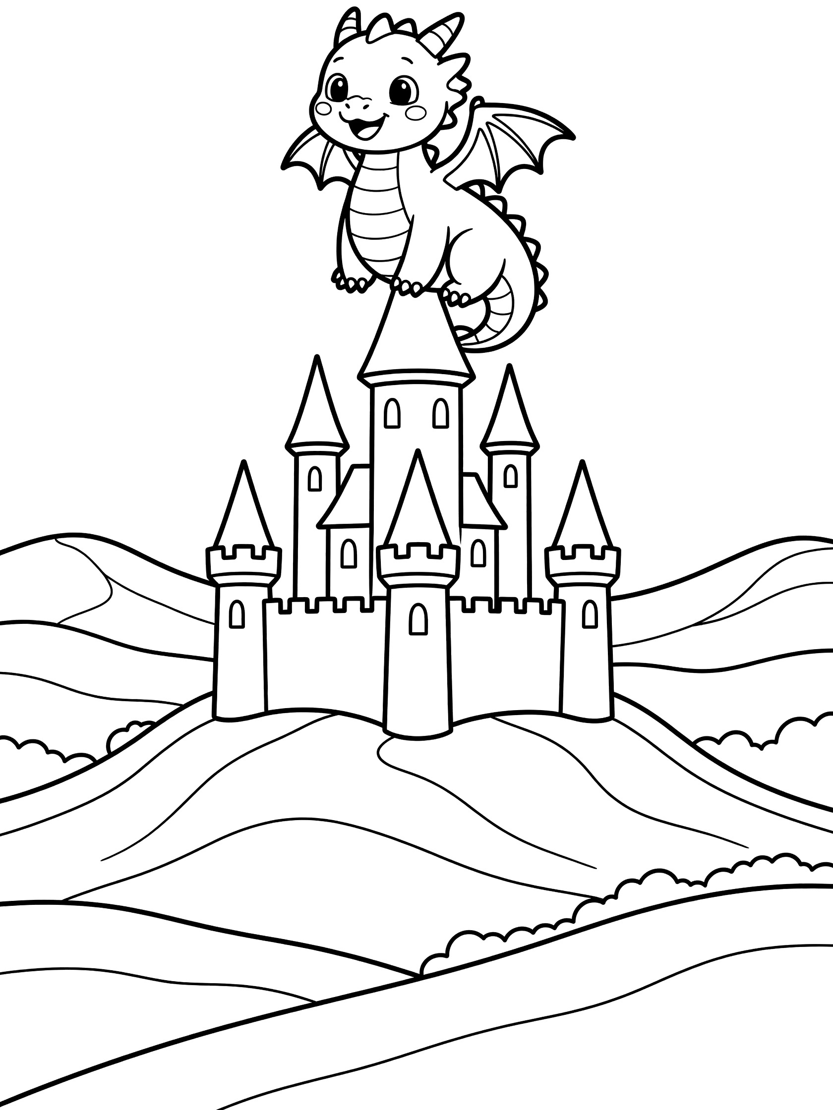 Black and white line art coloring page showing a happy baby dragon with big eyes perched on top of a castle turret, with rolling hills below. Dragon Castle themed black and white printable line art