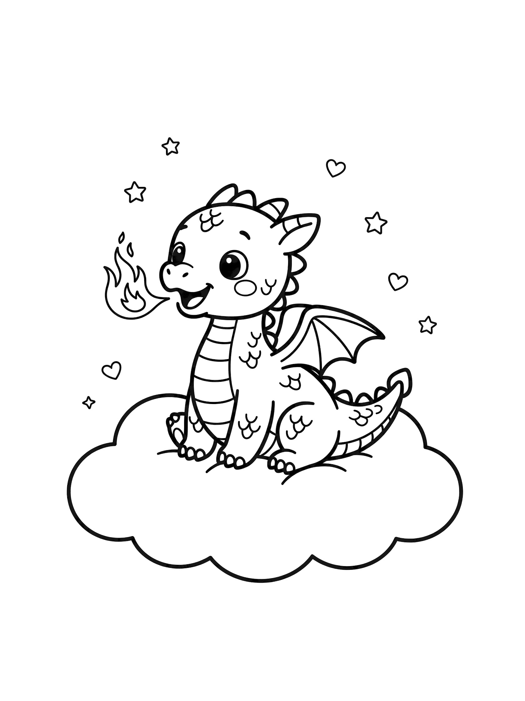 Black and white line art coloring page showing a cute baby dragon with big eyes sitting on a fluffy cloud, puffing a small flame from its mouth, surrounded by tiny stars and hearts. Dragon Fire themed black and white printable line art