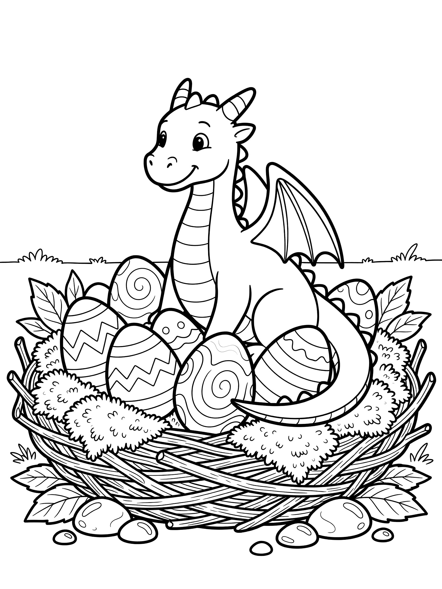Black and white line art coloring page showing a happy baby dragon with wings and spikes sitting on a nest of twigs, moss, leaves and patterned eggs with shiny pebbles around the edges. Dragon Nest themed black and white printable line art