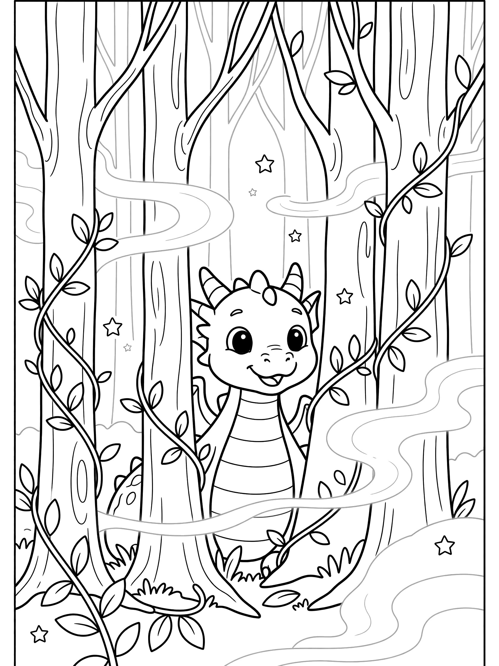 Black and white line art coloring page showing a cute baby dragon with big eyes peeking from tall trees in a forest with vines, mist swirls and small stars. Game of Thrones Dragons themed black and white printable line art