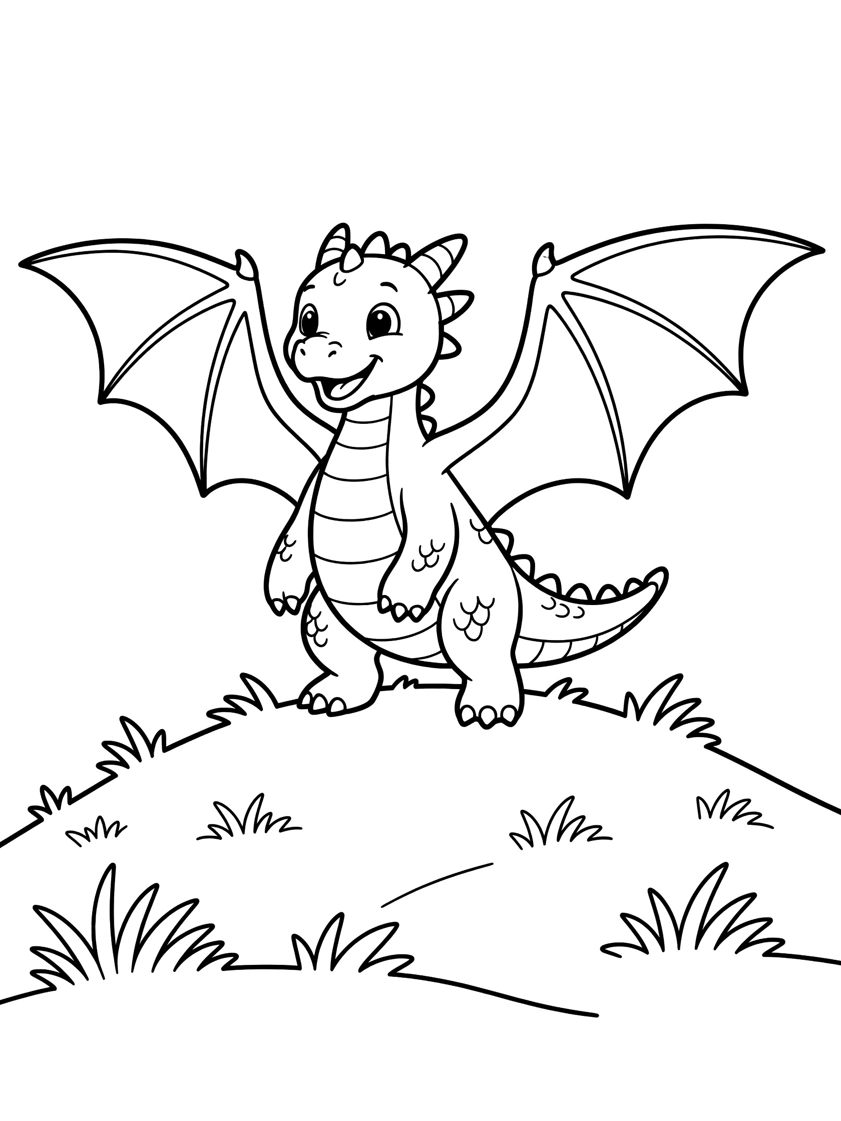 Black and white line art coloring page showing a happy baby dragon with big wings spread on a grassy hill. Dragon Wings themed black and white printable line art