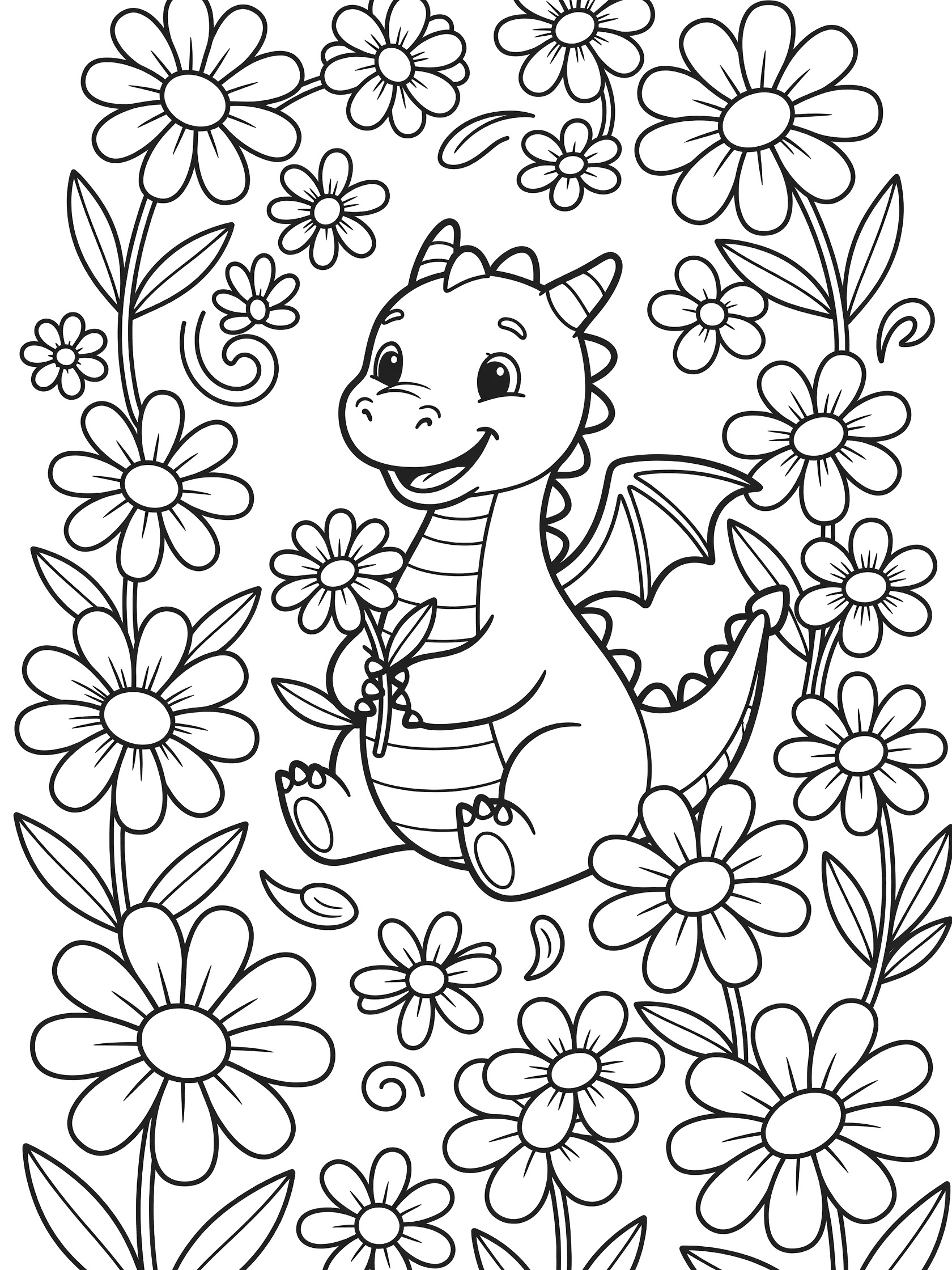 Black and white line art coloring page showing a cute baby dragon with big eyes and a smile, sitting among many flowers, holding a daisy in its claw. Game of Thrones Dragons themed black and white printable line art