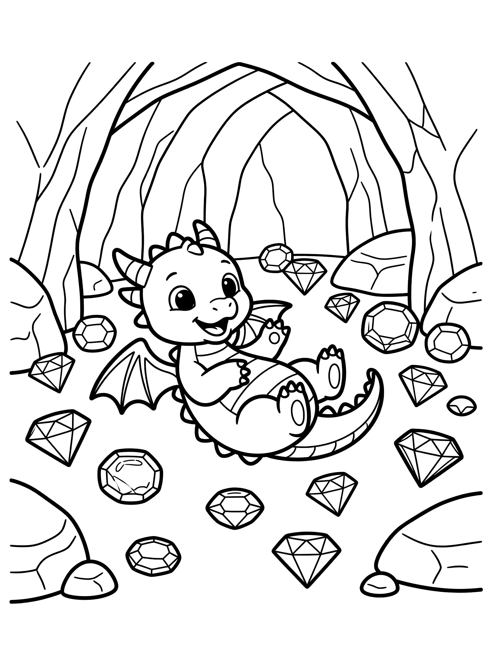 Black and white line art coloring page showing a happy baby dragon sitting and playing with scattered gems inside a rocky cave with arched walls. Dragon Cave themed black and white printable line art