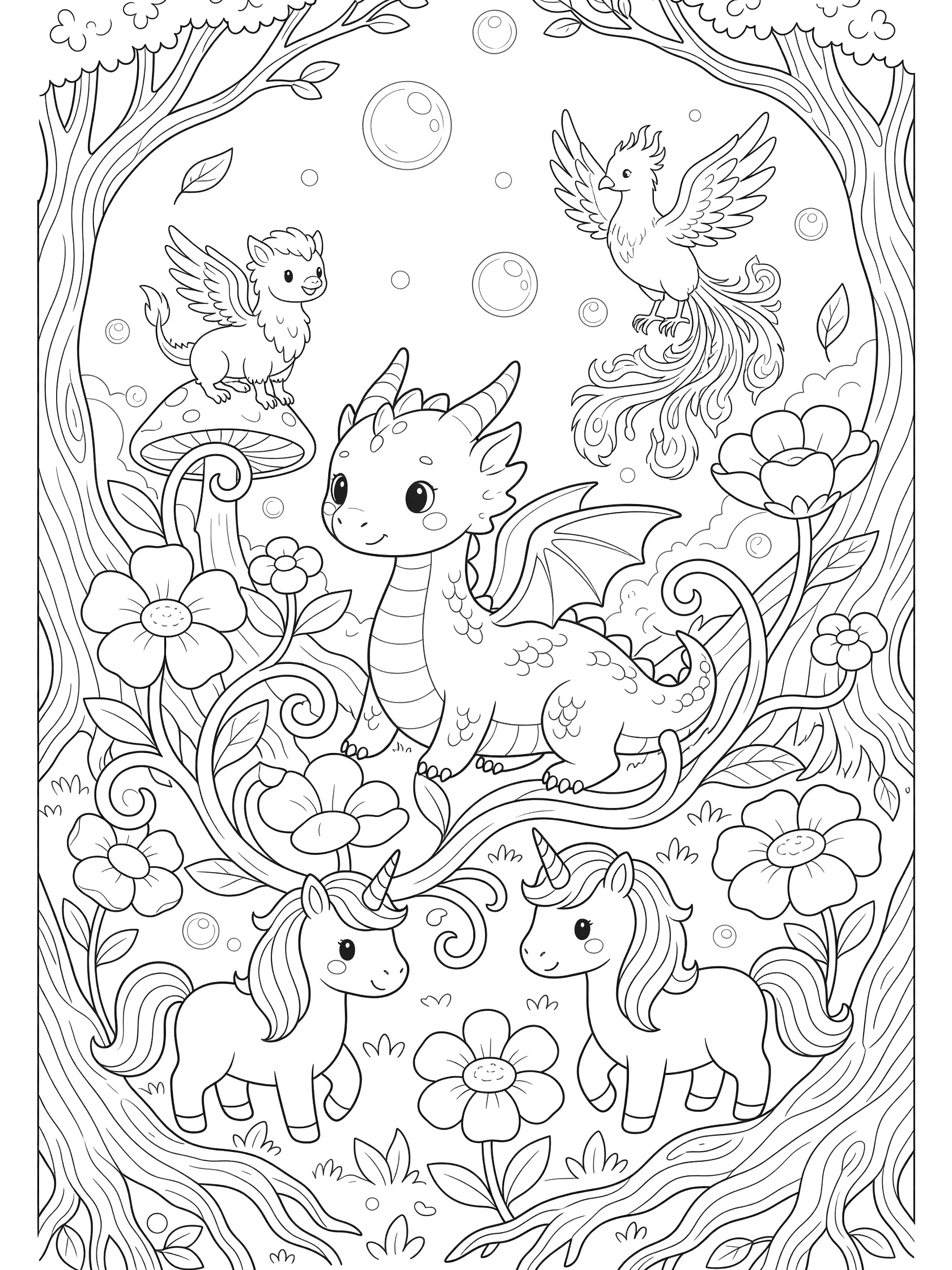 Black and white kawaii coloring page of adorable baby dragon surrounded by unicorns, birds, flowers, mushrooms and bubbles for alphabet animals worksheet