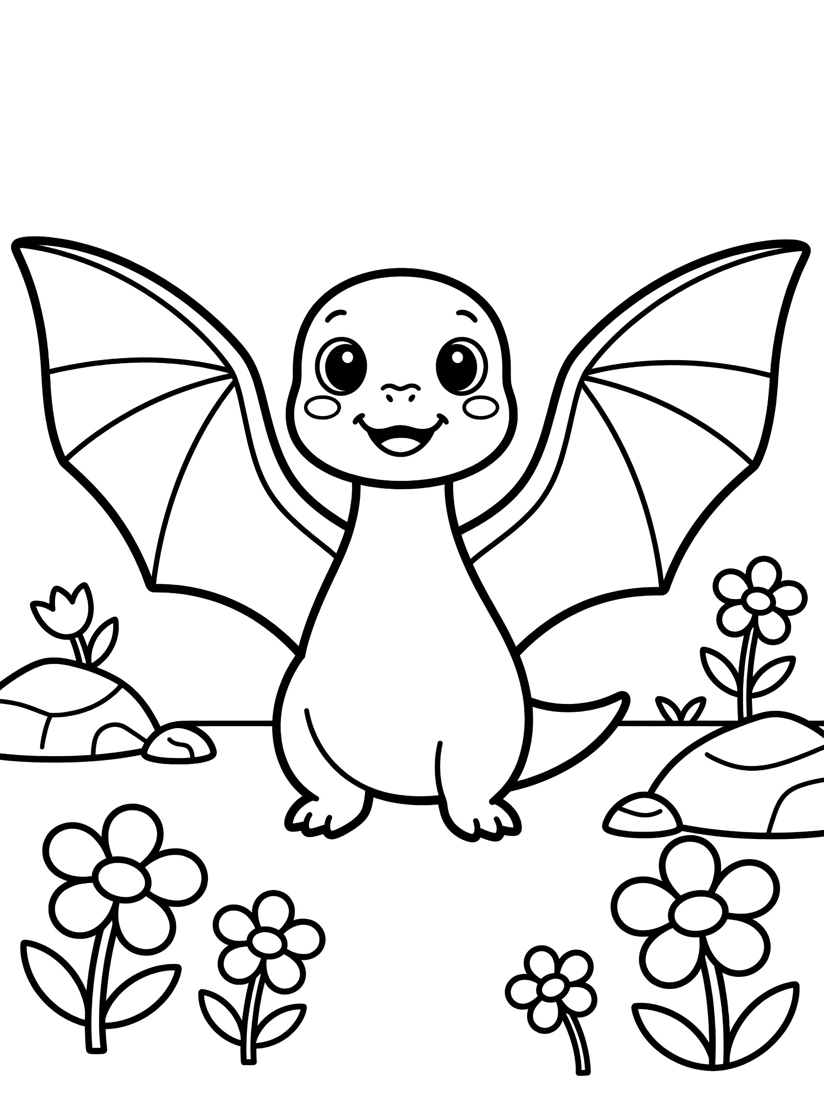 Black and white coloring page of a cute kawaii baby dragon standing with wings spread wide like a hug, tiny feet, big eyes, smiling face, flowers and rocks around it. Dimorphodon themed black and white printable line art
