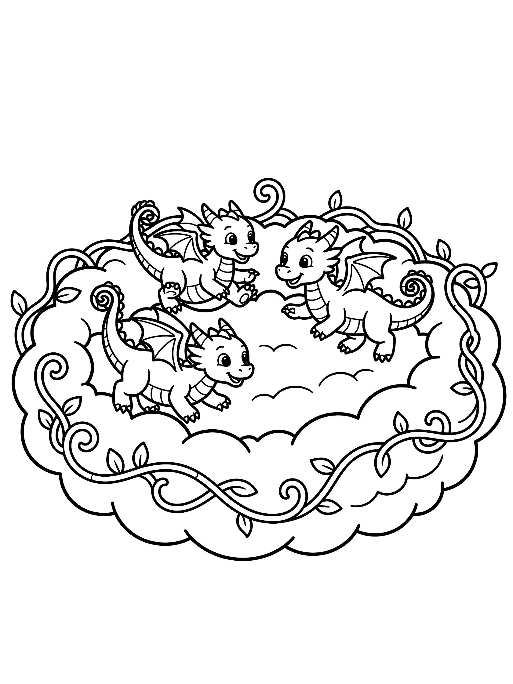 Black and white line art coloring page showing three cute baby dragons with small wings and curly tails playing inside a round nest made of clouds and vines. Dragon Nest themed black and white printable line art