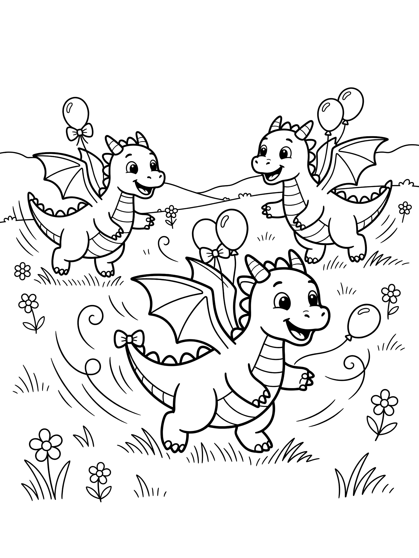 Black and white line art coloring page showing four cute baby dragons with wings, bows, and balloons in a grassy meadow with flowers. Dragon Wings themed black and white printable line art