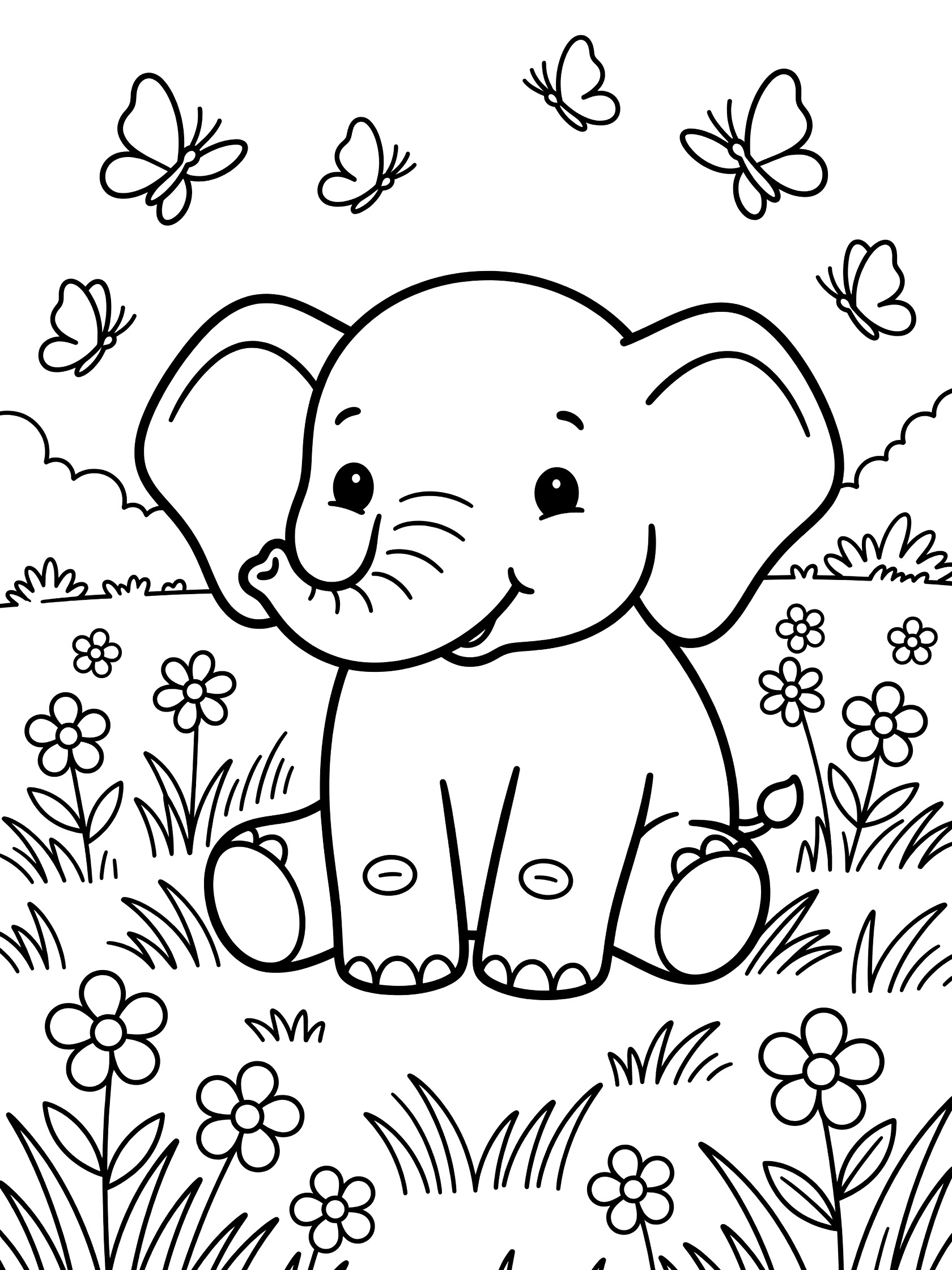 Black and white line art coloring page showing a chubby baby elephant sitting happily with trunk curled up, butterflies near ears, flowers and grass around.