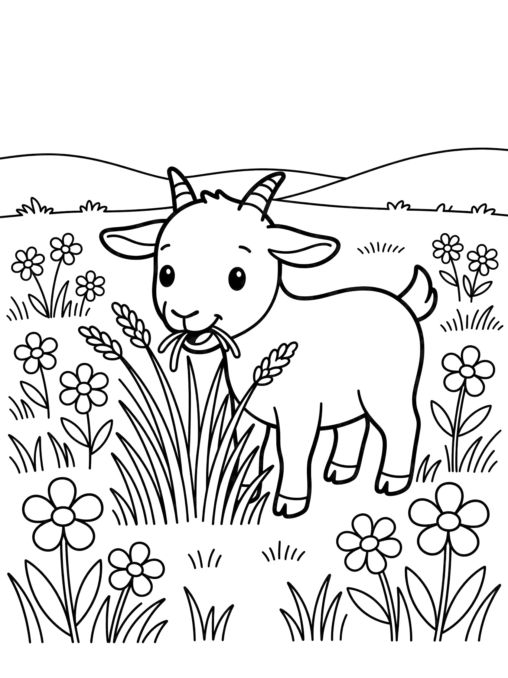 Black and white printable coloring page showing a cute cartoon baby goat with big eyes eating tall grass stems surrounded by flowers in a meadow with gentle hills. Goats themed black and white printable line art