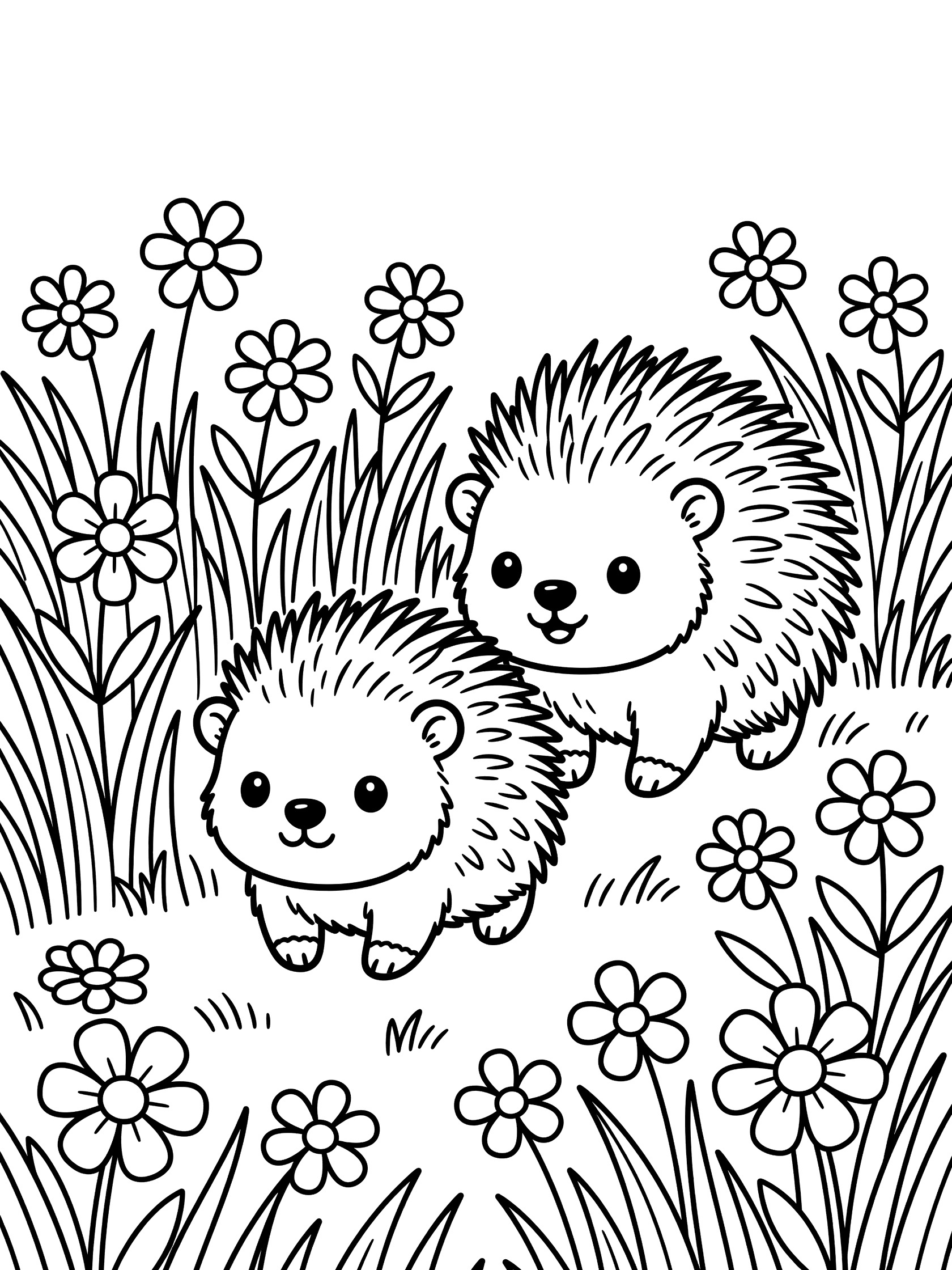 Black and white line art coloring page showing two cute hedgehogs, a baby and adult, walking in tall grass with daisies and wildflowers. Porcupine themed black and white printable line art