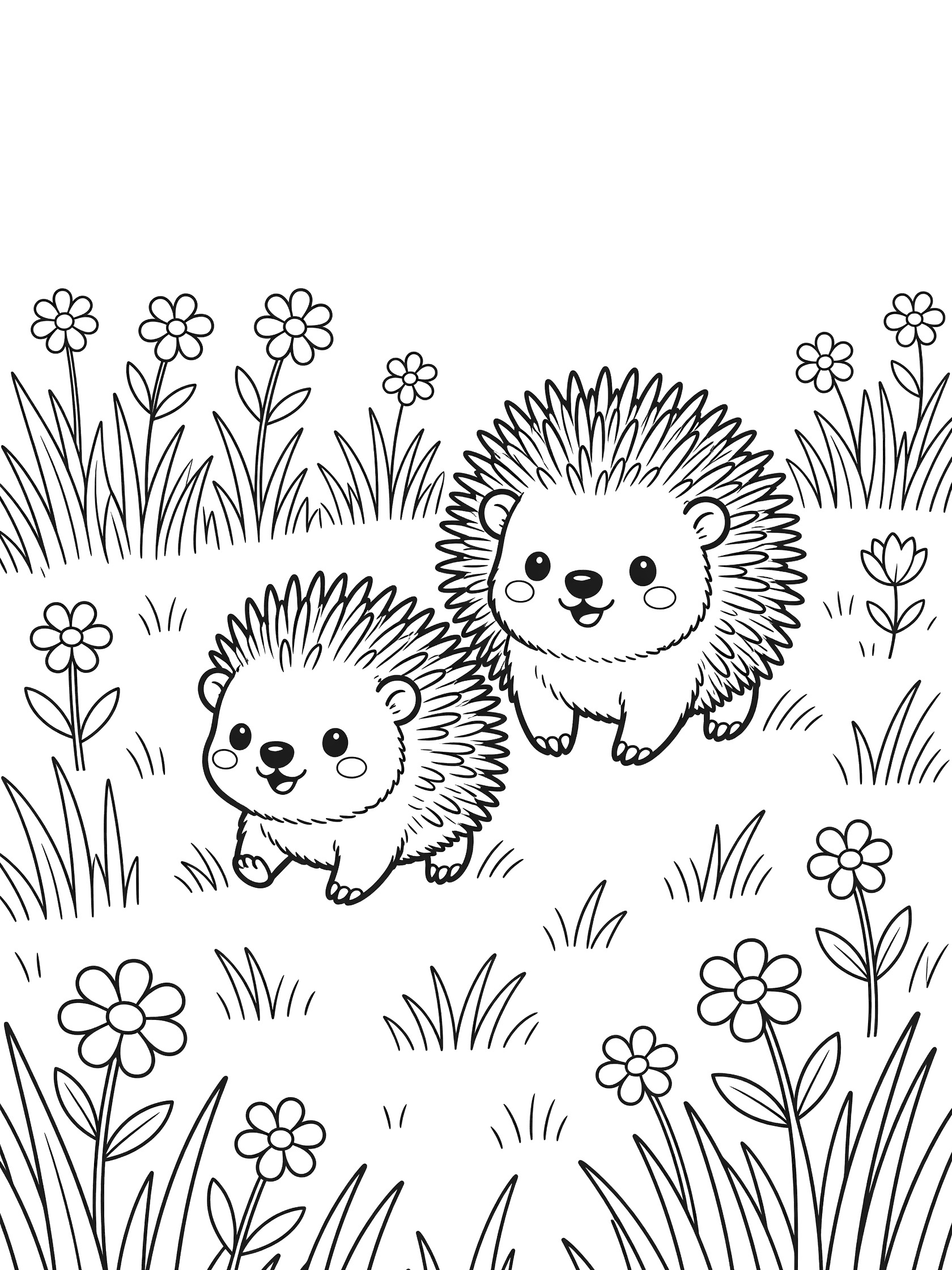 Black and white line art coloring page showing two adorable baby hedgehogs with round faces and quills walking in tall grass surrounded by simple flowers. Porcupine themed black and white printable line art